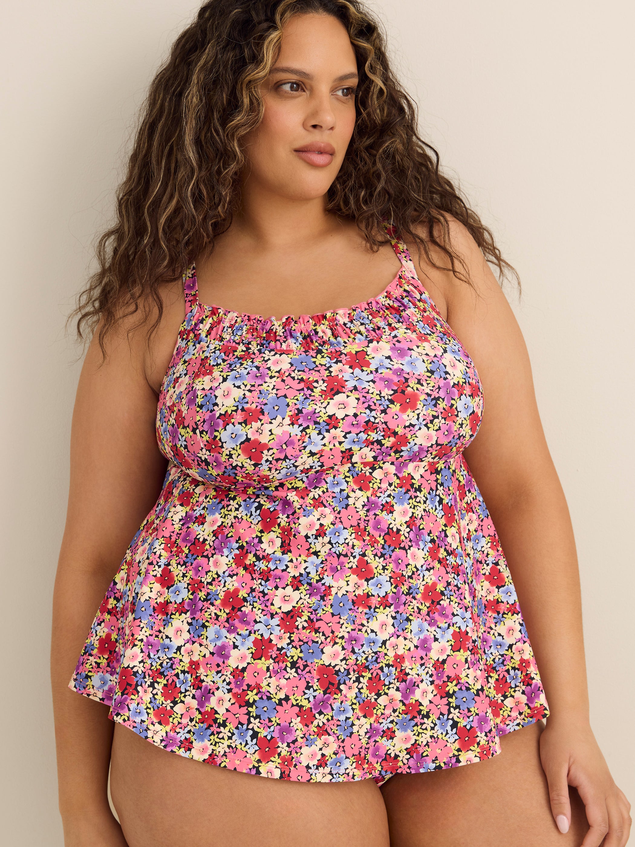 Floral Full Swing Tankini Top with Smocking Detail