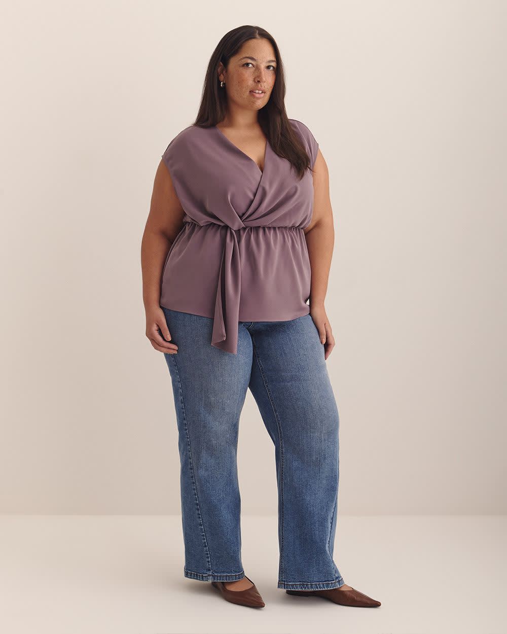 Extended-Sleeve V-Neck Knotted Blouse - Addition Elle