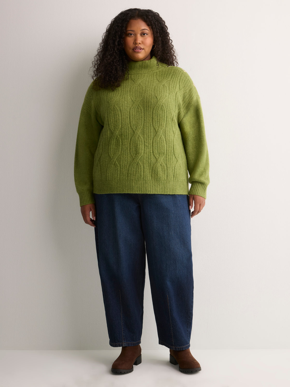 Green Loose-Fit Mock-Neck Cable Knit Sweater
