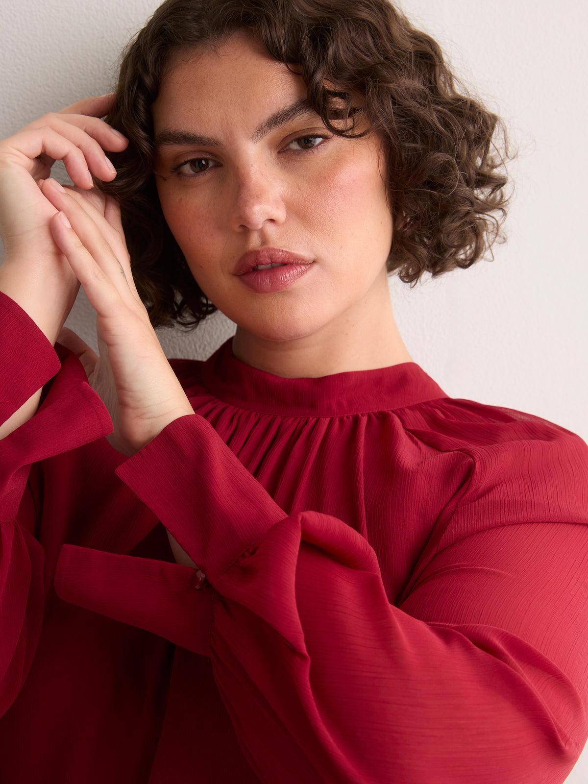 Chiffon Shirred Mock-Neck A-Line Blouse