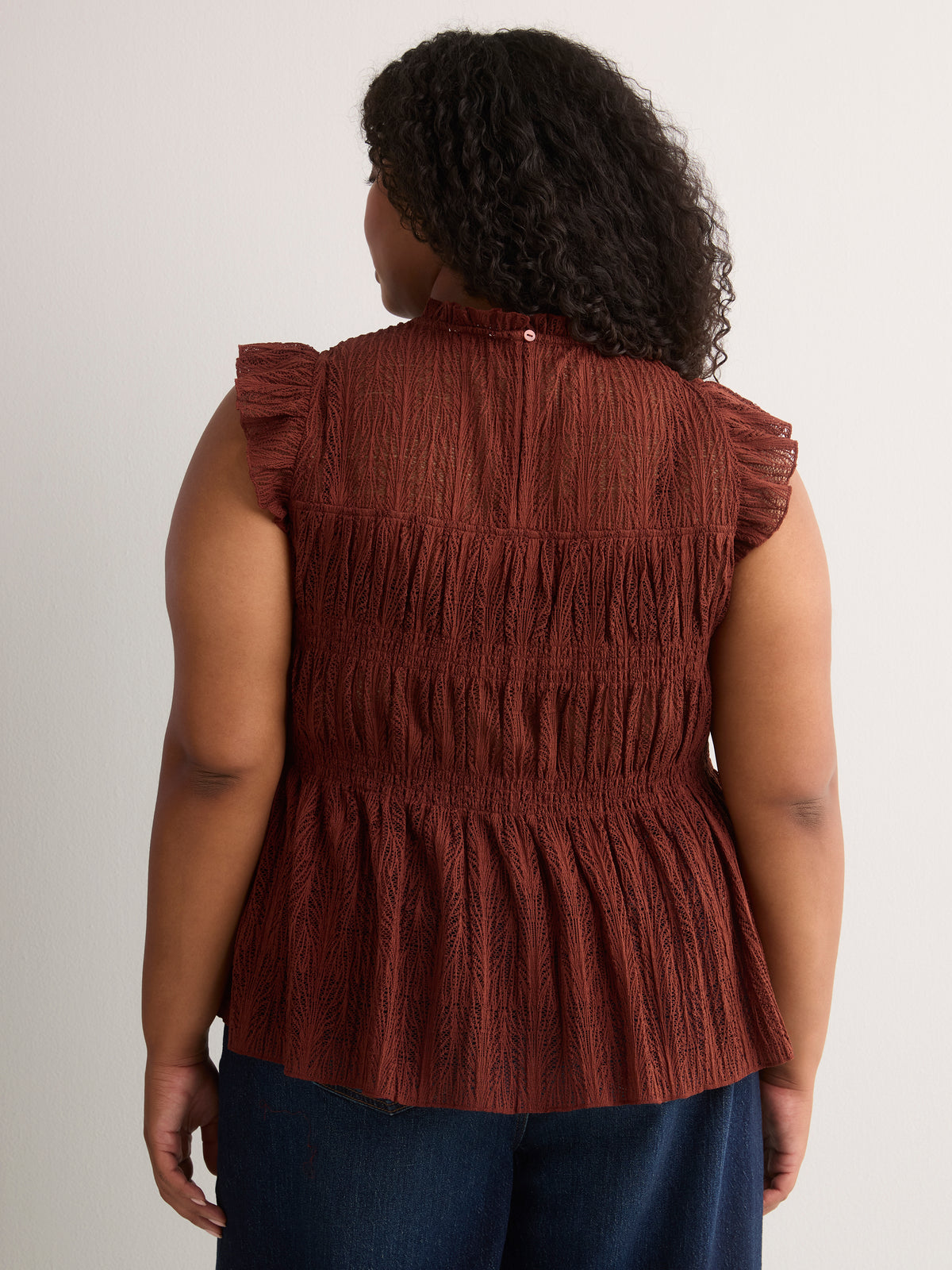 Smocked Lace Swing Top with Short Flutter Sleeves