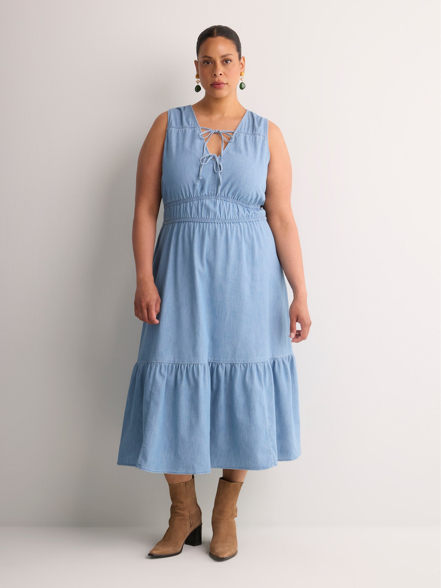 Denim Sleeveless V-Neck Tiered Maxi Dress - Addition Elle