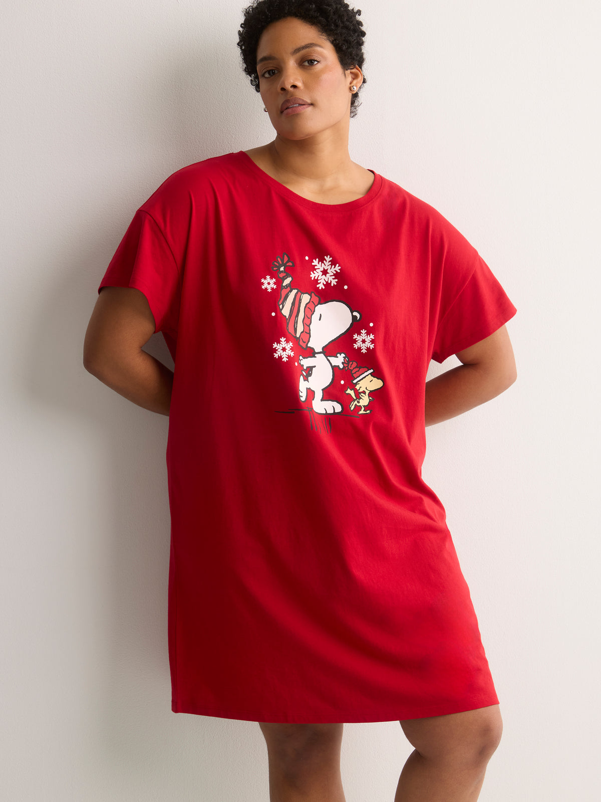 Red Snoopy Cotton Knit Sleepshirt - tiVOGLIO