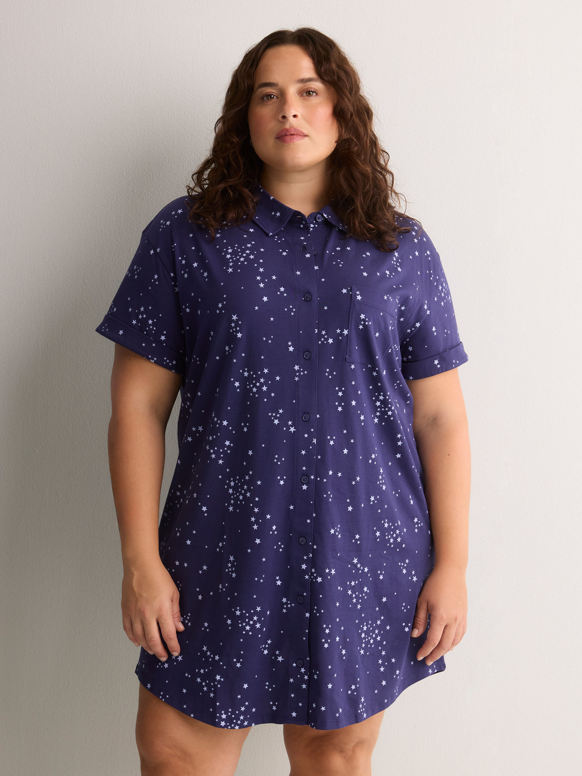 Mini-Star Print Short Buttoned-Down Sleepshirt - tiVOGLIO