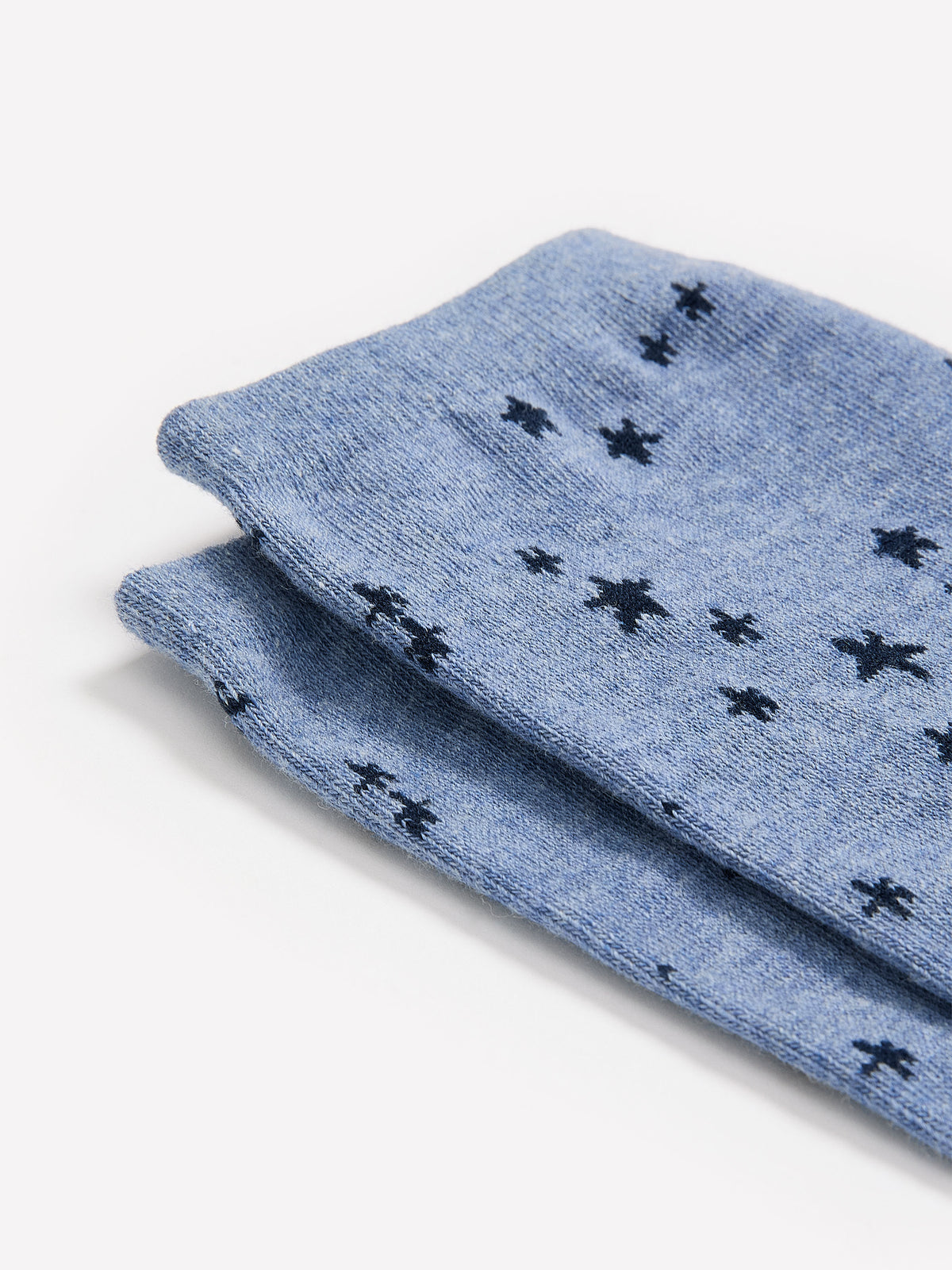 Heather Blue Rolled-Edge Cotton Crew Socks with Star Print