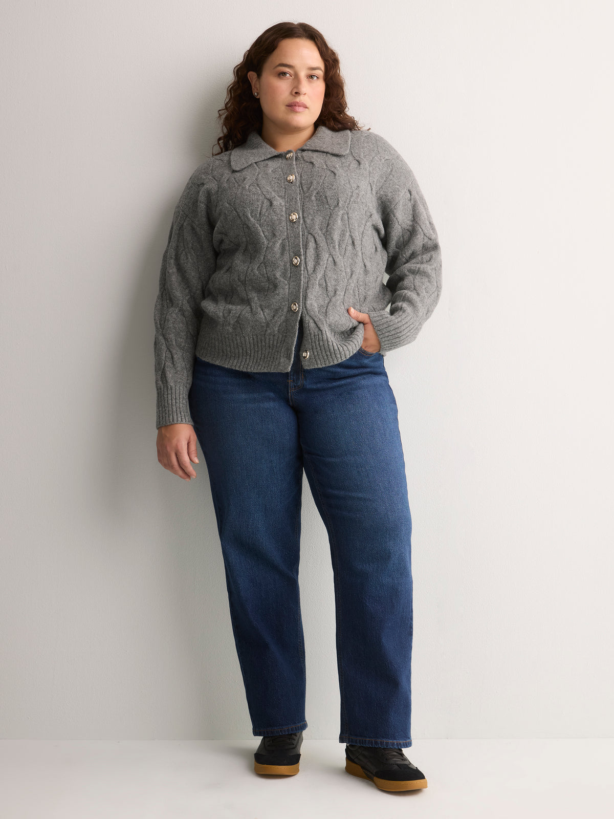 Dark Grey Jeweled Short Cable Knit Cardigan Sweater