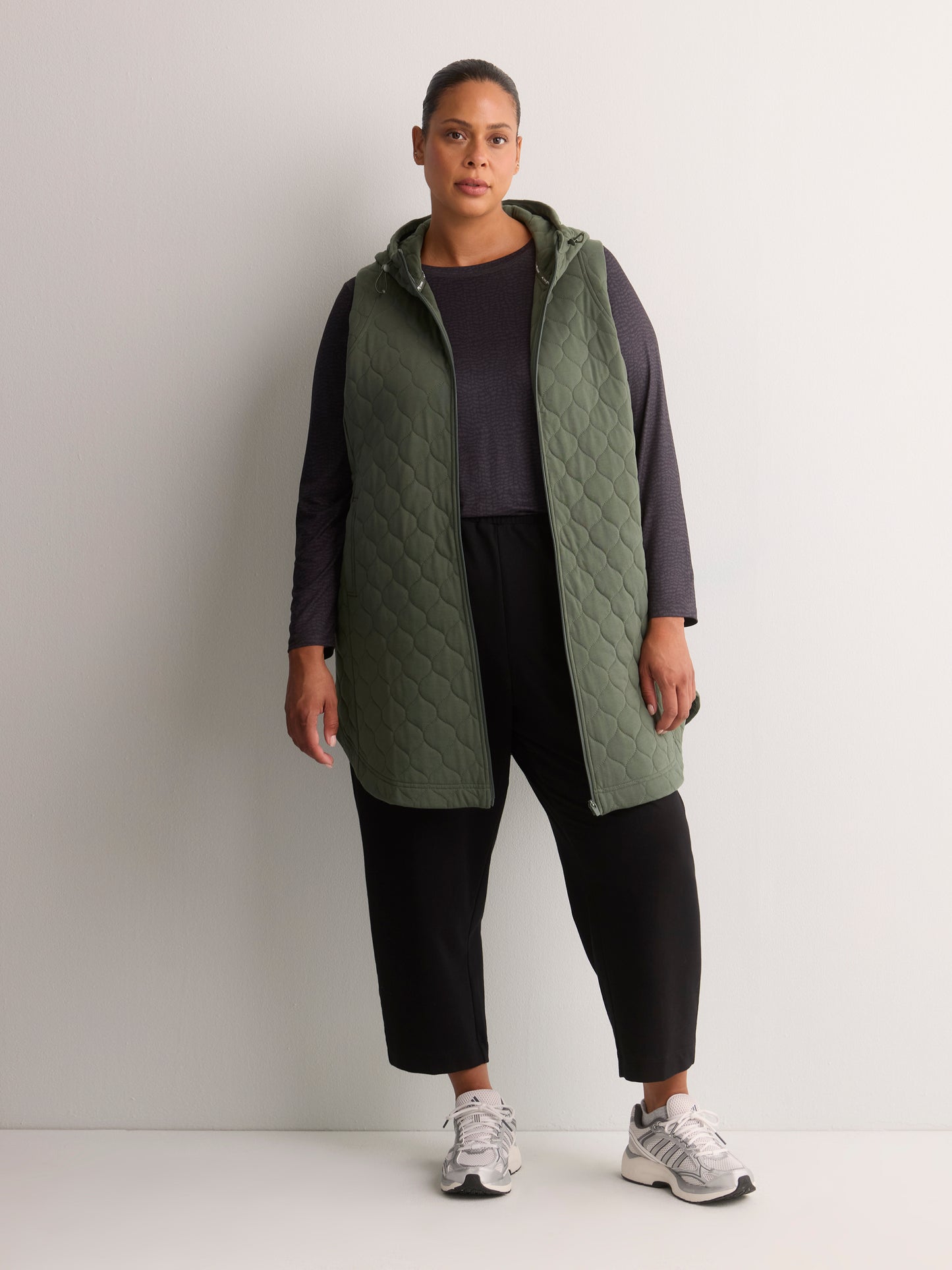 Long Quilted Knit Sleeveless Hooded Vest - Active Zone
