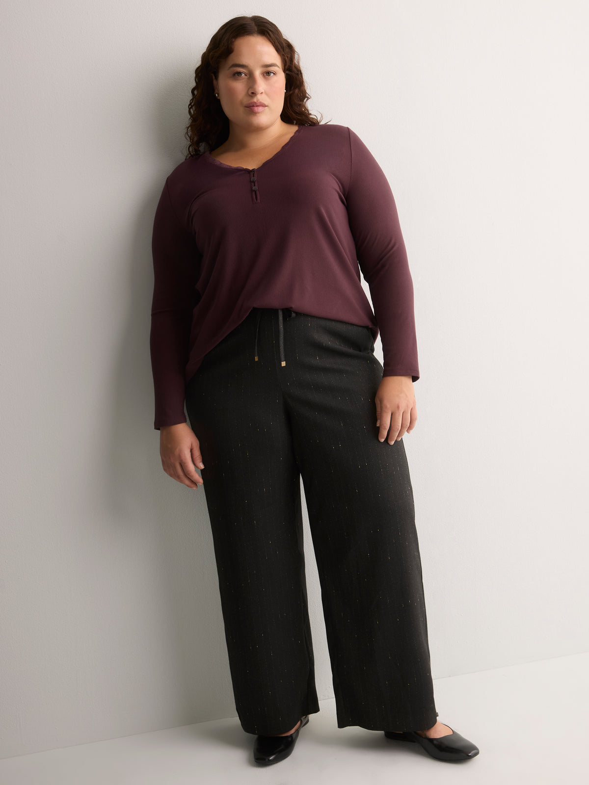 Grey Metallic Pinstripe Pull-On Wide-Leg Pant