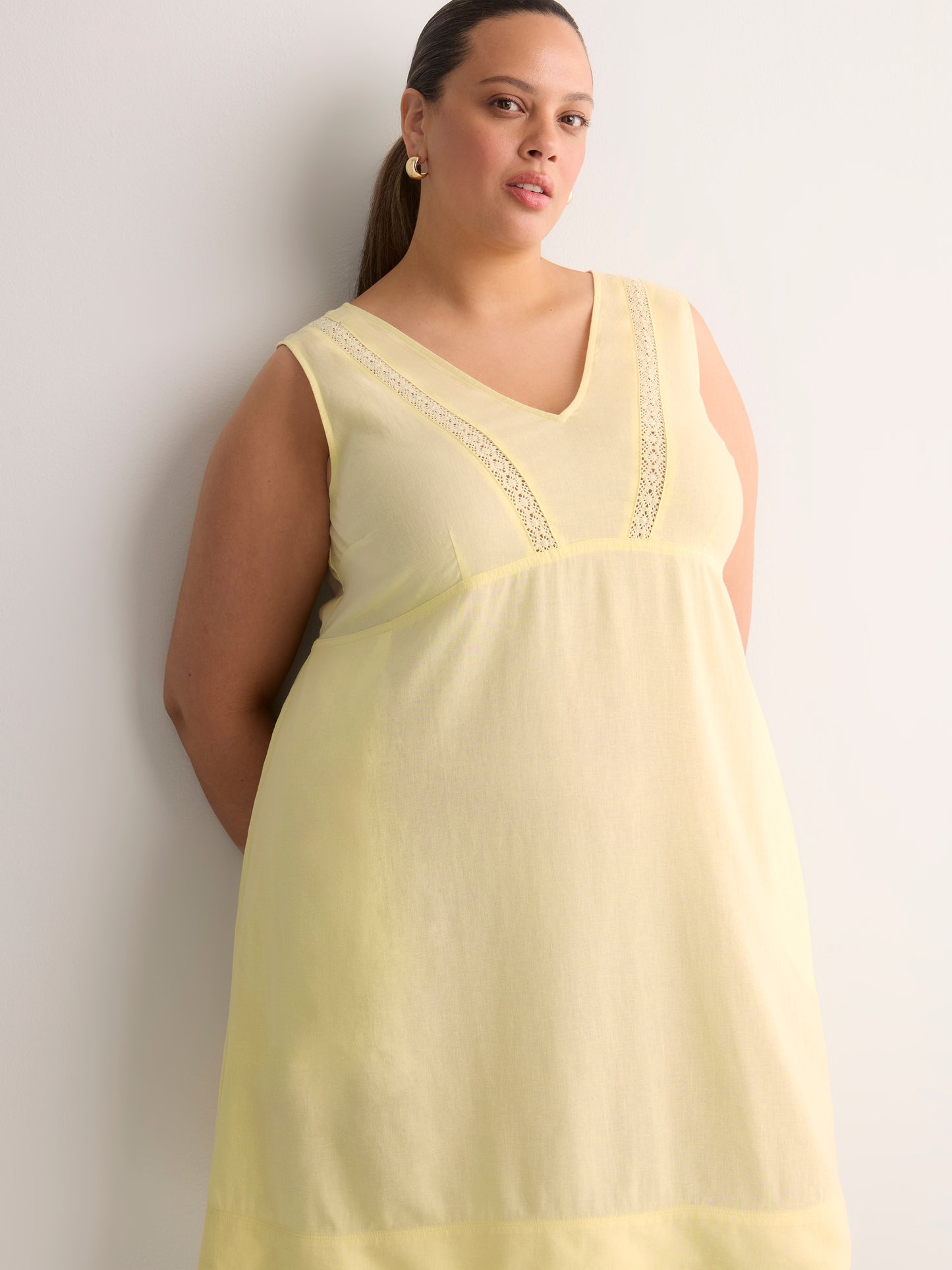Linen Blend V-Neck Swing Dress with Crochet Tape