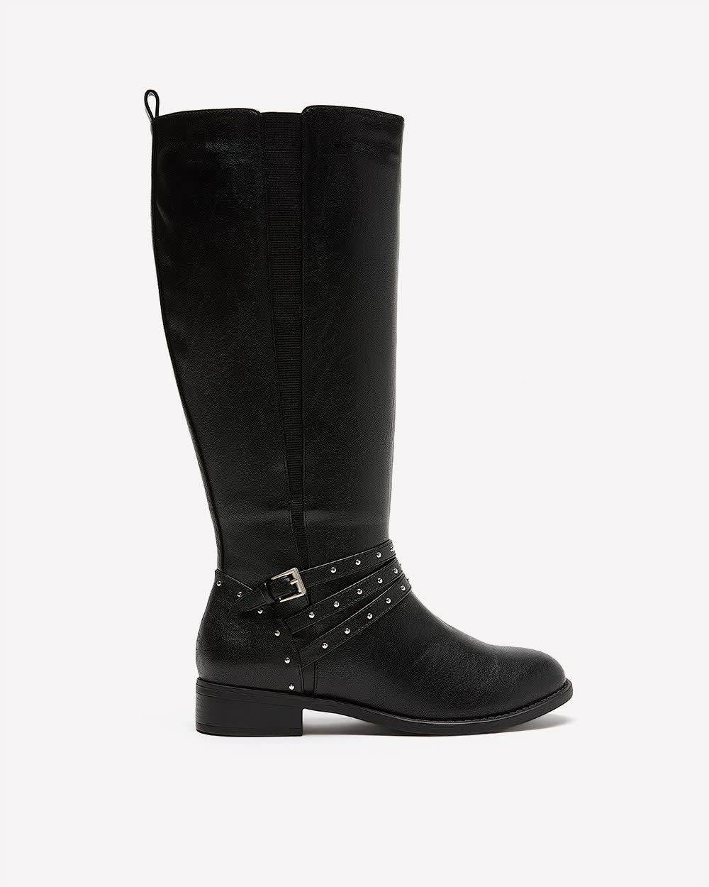 Extra Wide Width and Wide Calf, Tall Black Boot with Thin Studded Straps