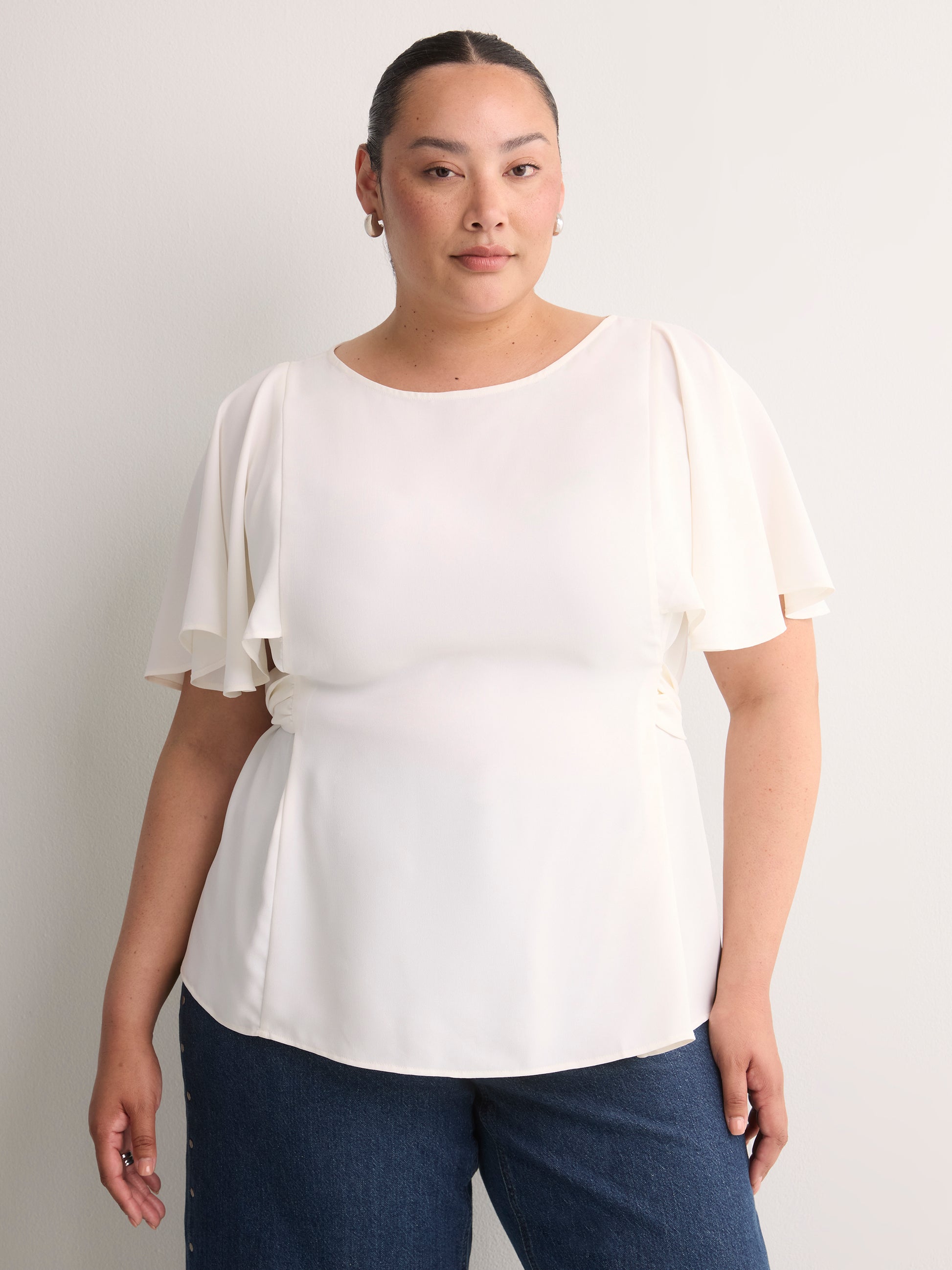 Responsible, Cape Flutter-Sleeve Silky Blouse with Self Sash