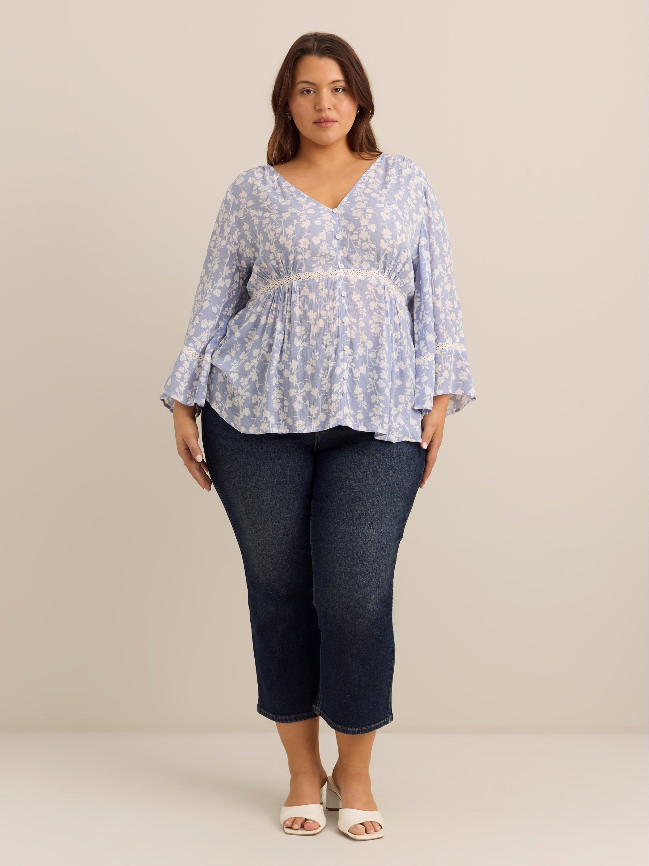 Wide-Sleeve V-Neck Blouse with Decorative Tape - Addition Elle