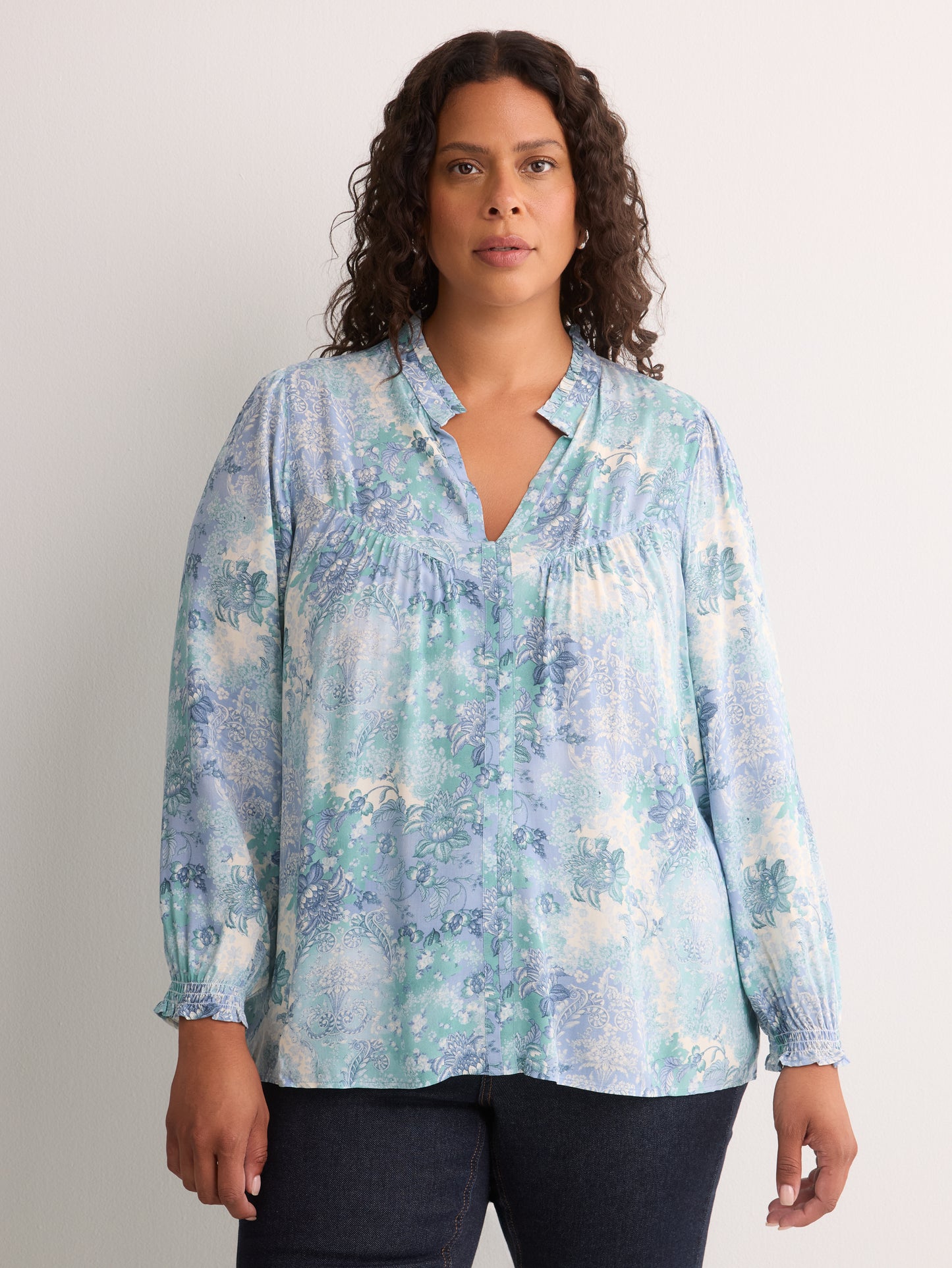Responsible, Blue Floral A-Line Blouse with Split Ruffled Collar