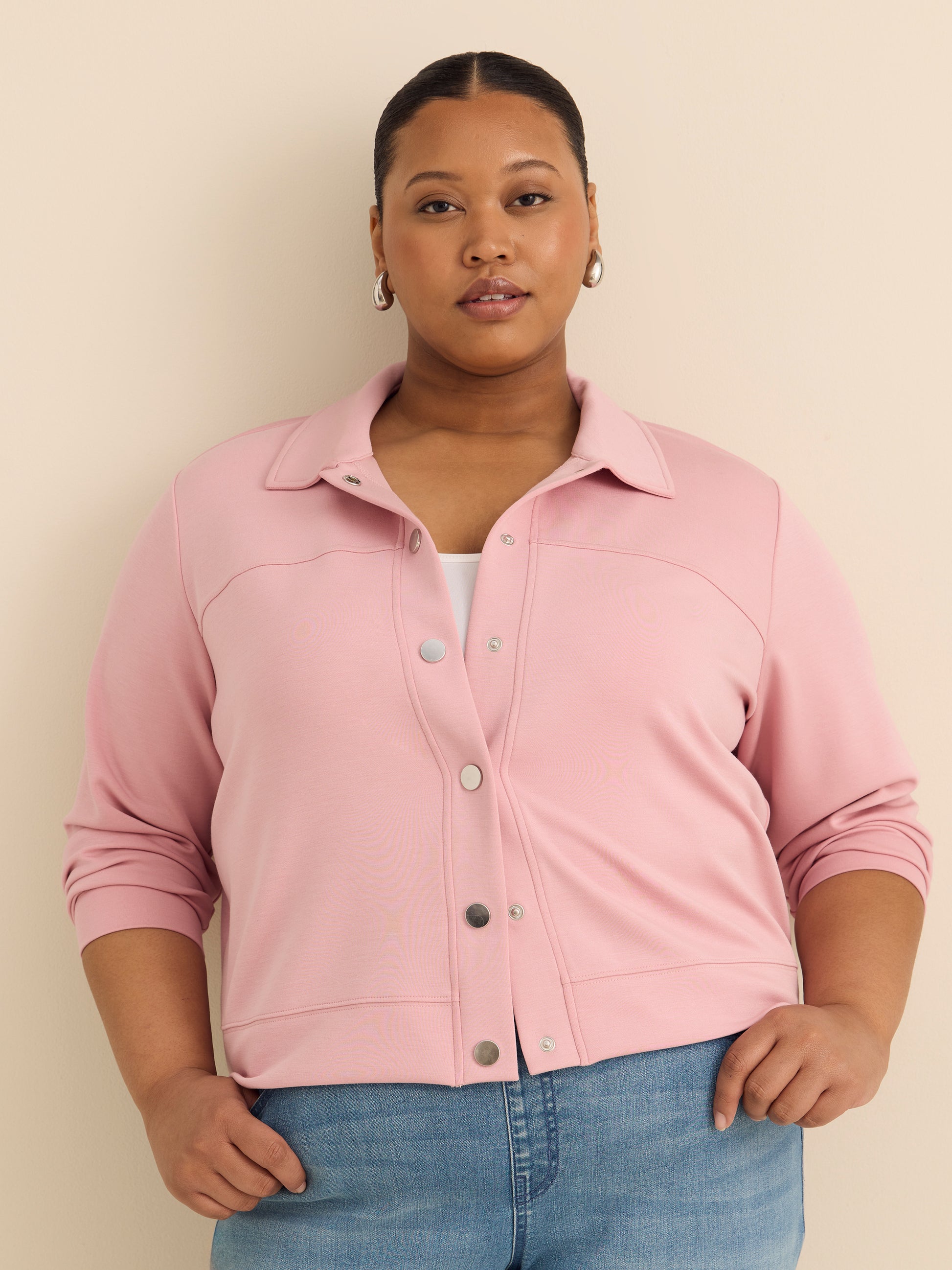 Neoprene Bomber Knit Top with Shirt Collar