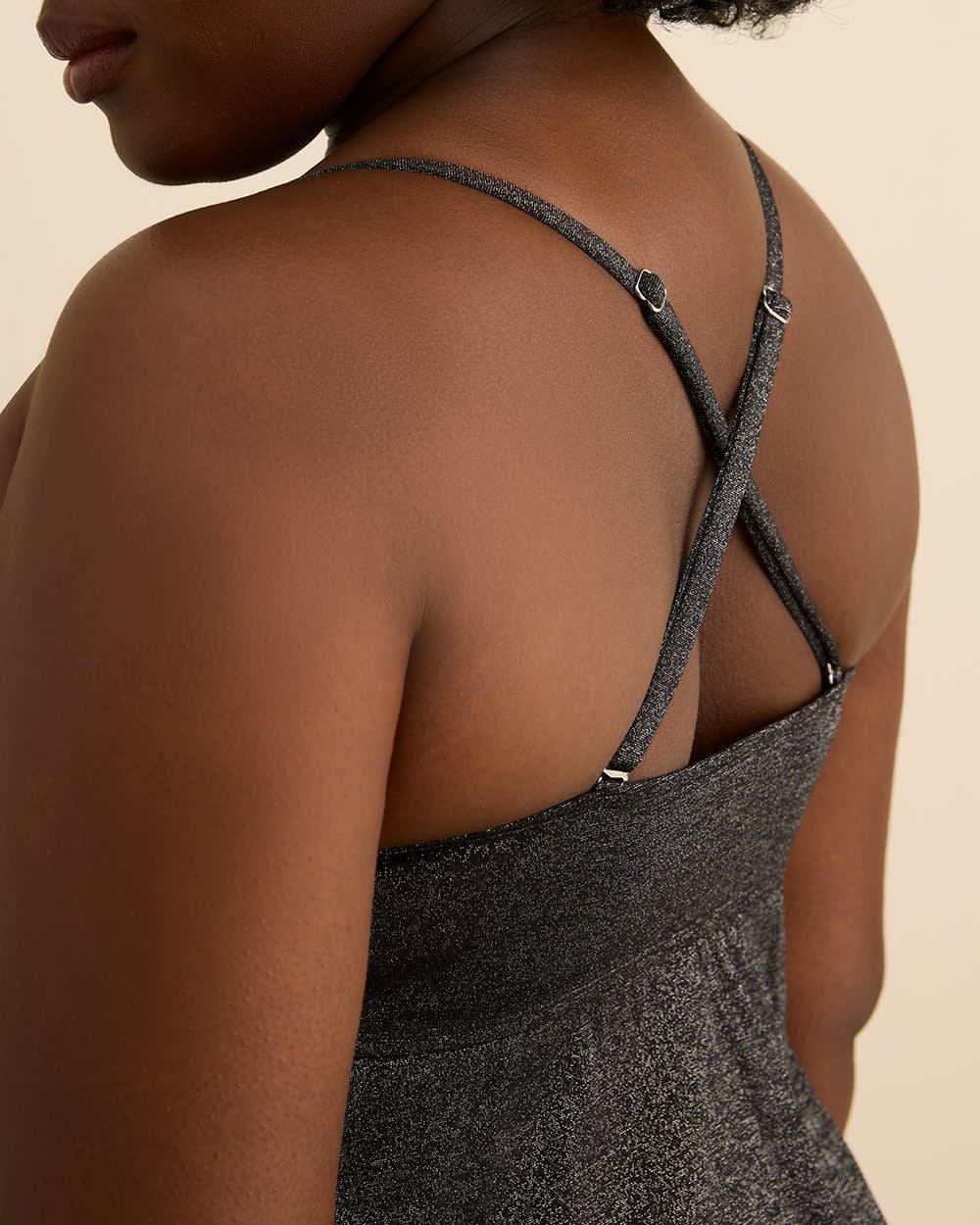 Tankini évasé noir scintillant avec encolure froncée à cordon