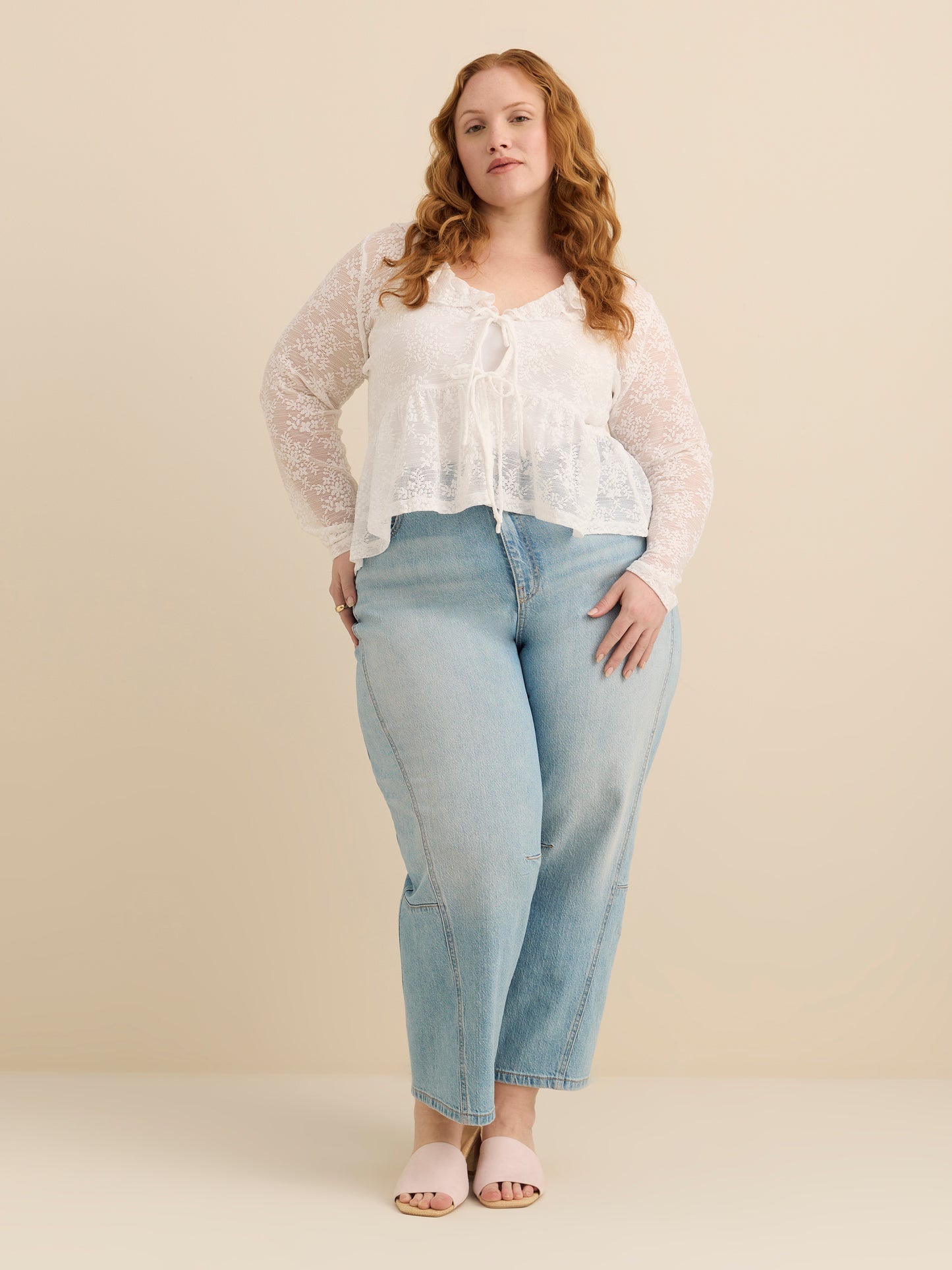 V-Neck Fit and Flare Lace Top with Ruffles