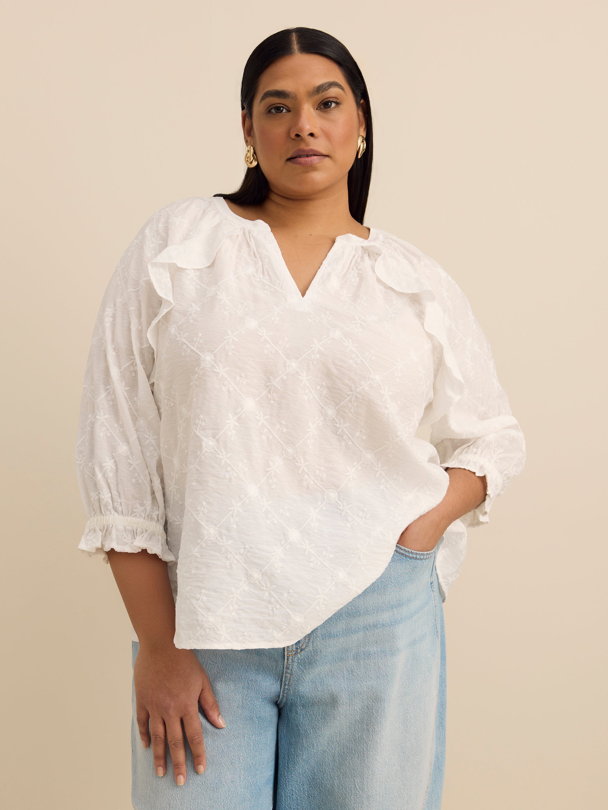 Swing Blouse with Ruffled Split Neckline