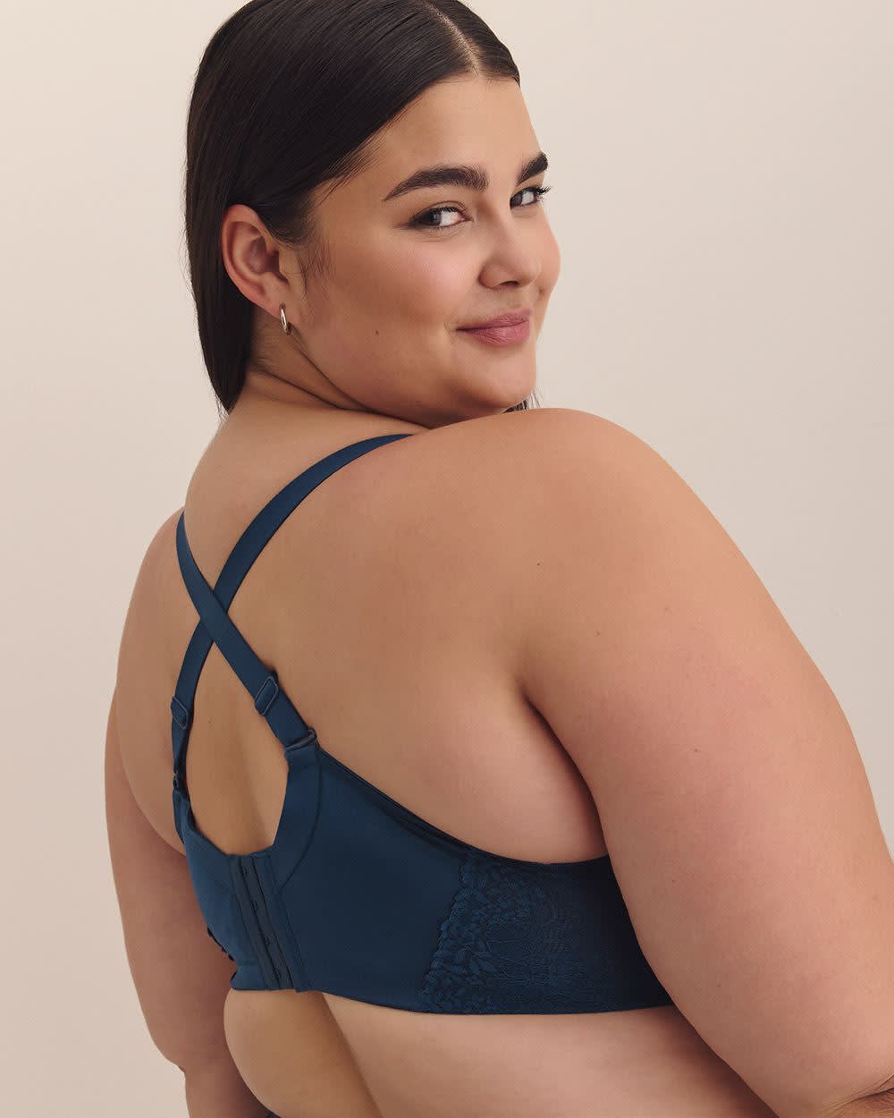 Blue Wireless Plunge Satin Bra with Lace - Déesse Collection