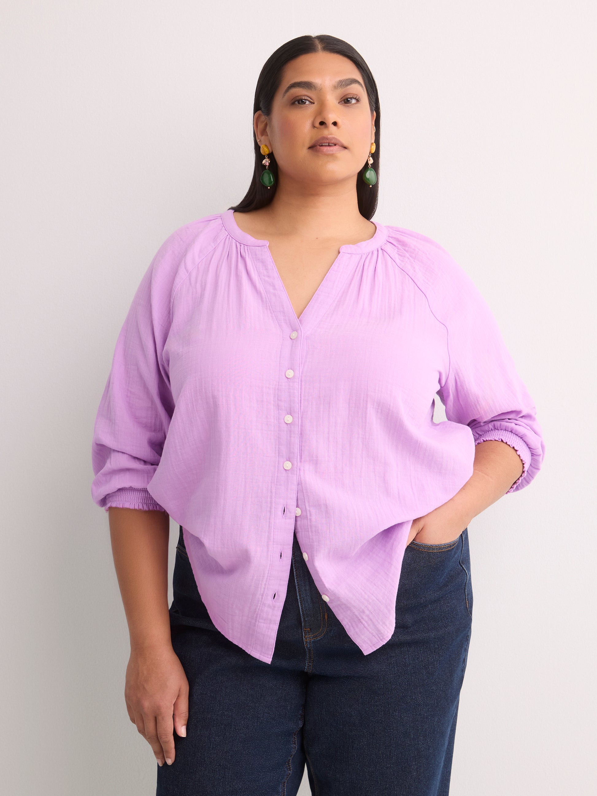 Cotton A-Line Notch-Neckline Blouse