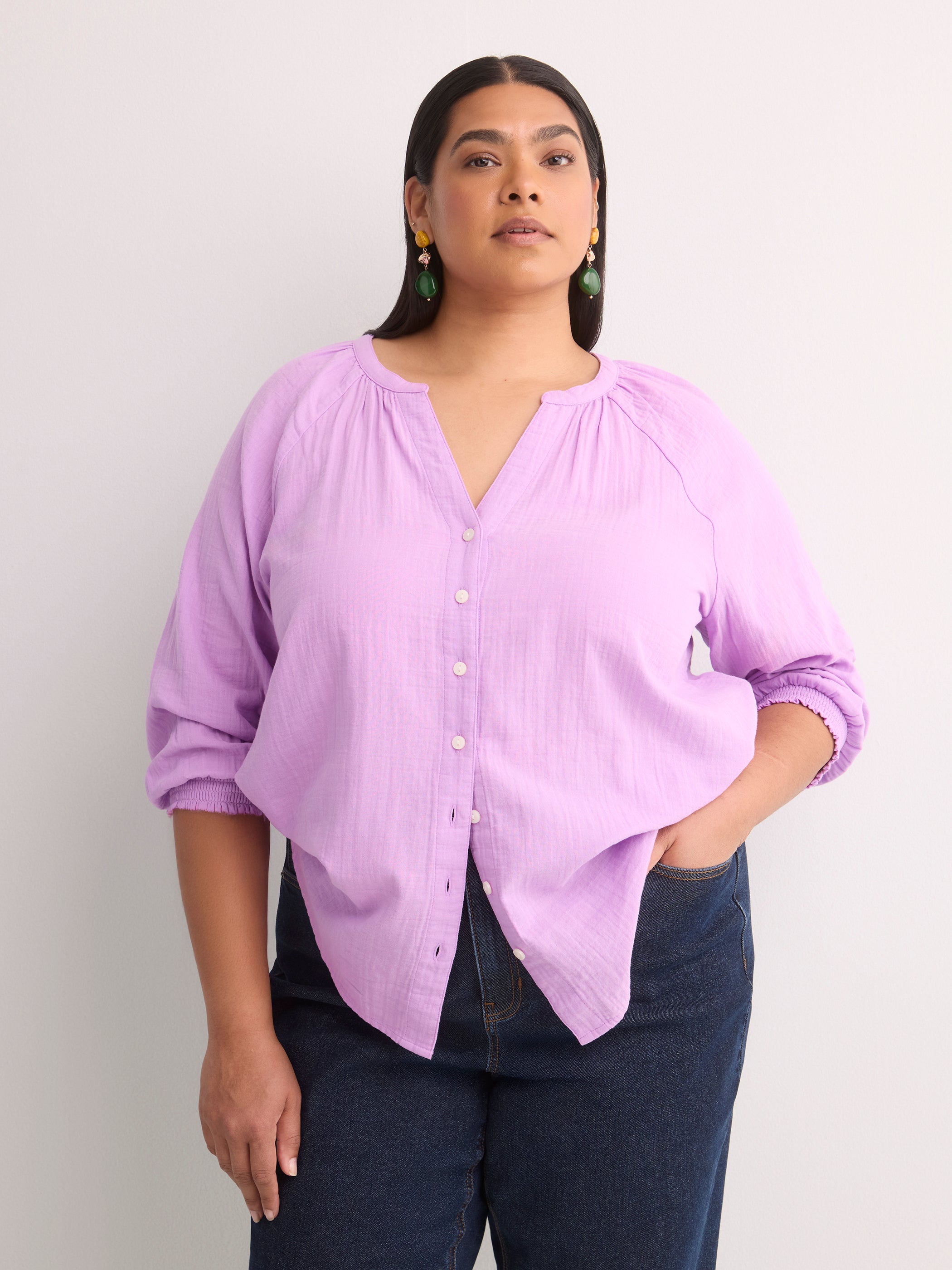 Cotton A-Line Notch-Neckline Blouse