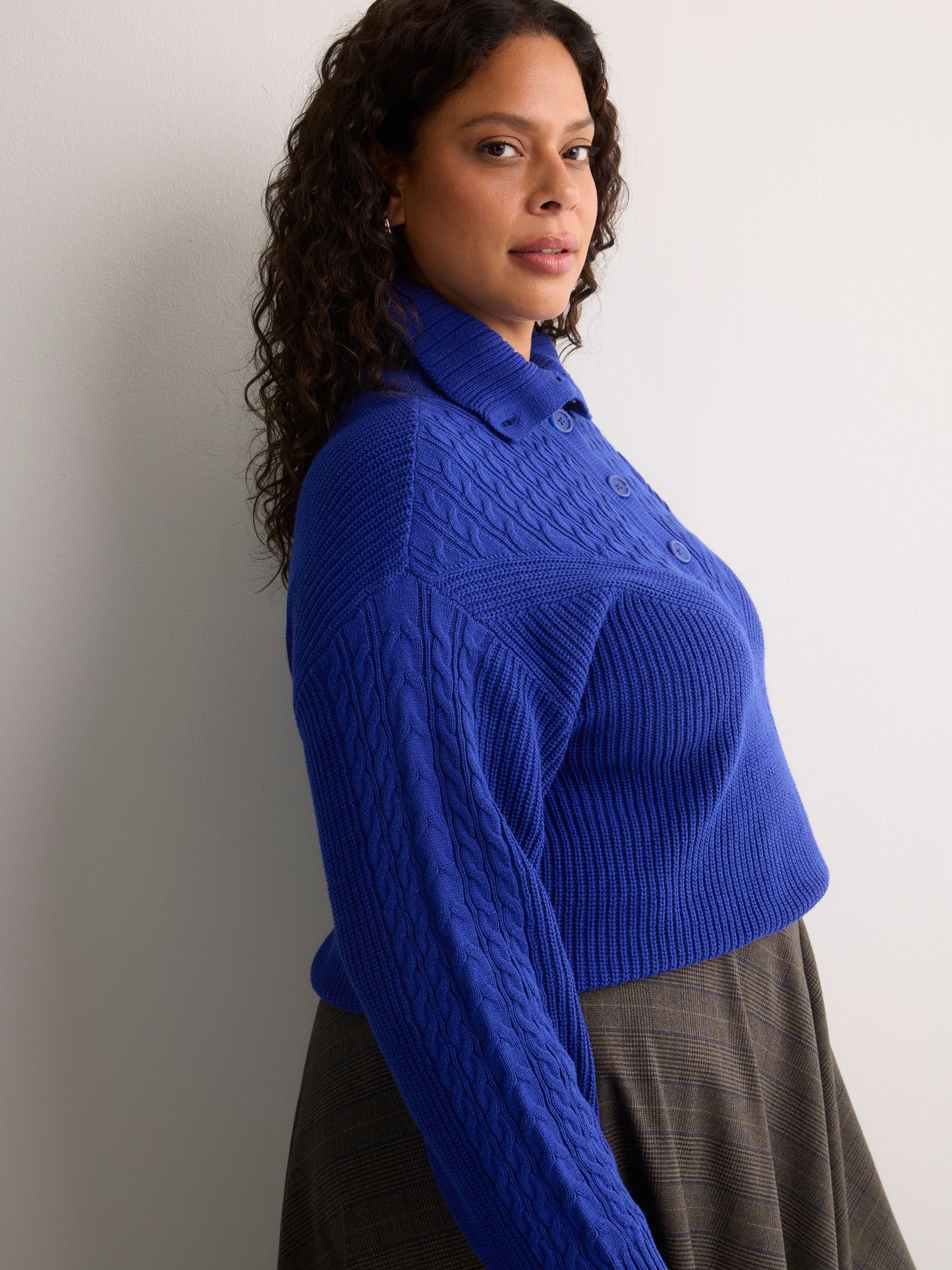 Loose Half-Placket Cable Knit Sweater