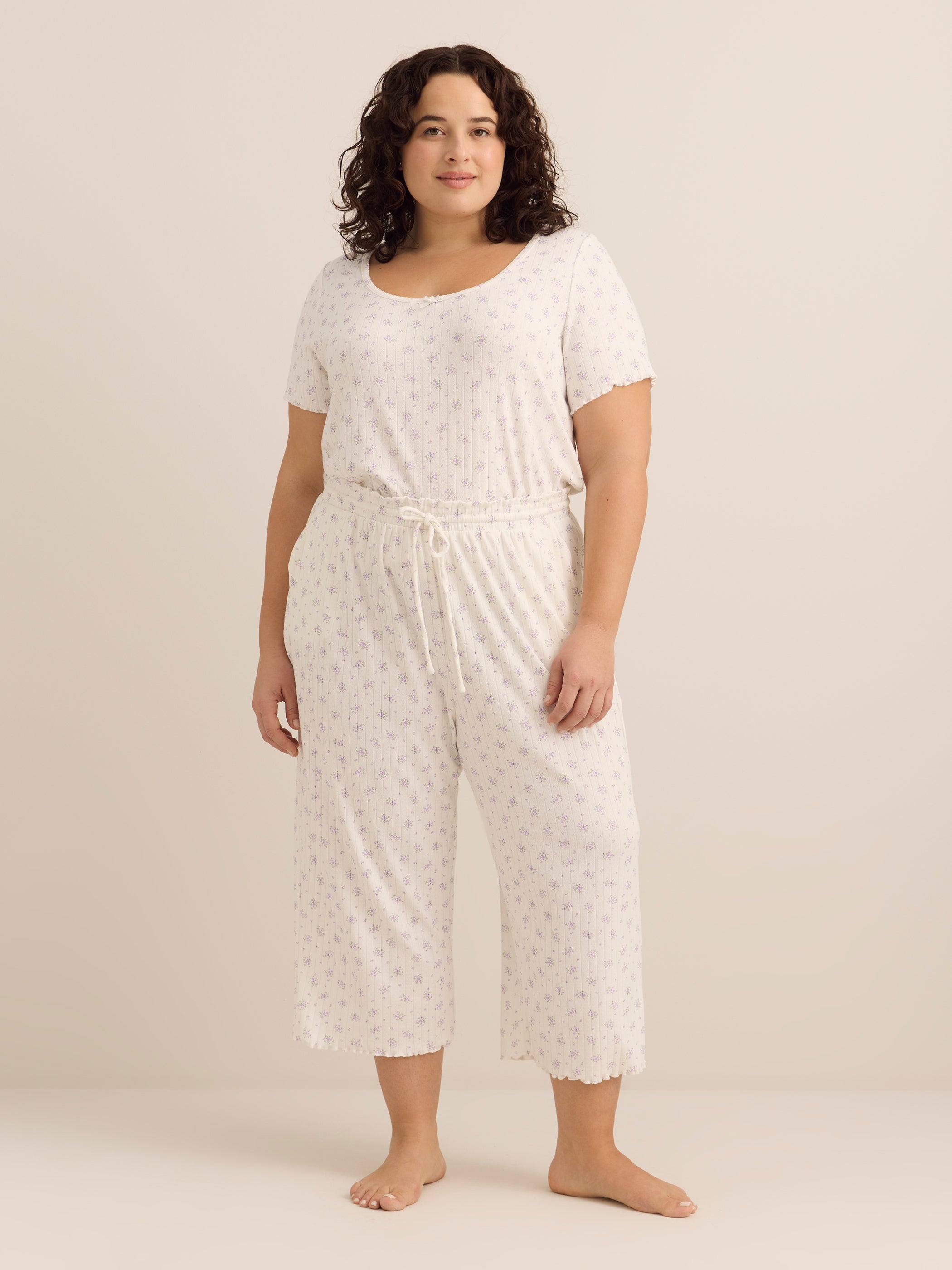 White Floral Pointelle Wide-Leg Capri Pyjama Pant - ti Voglio