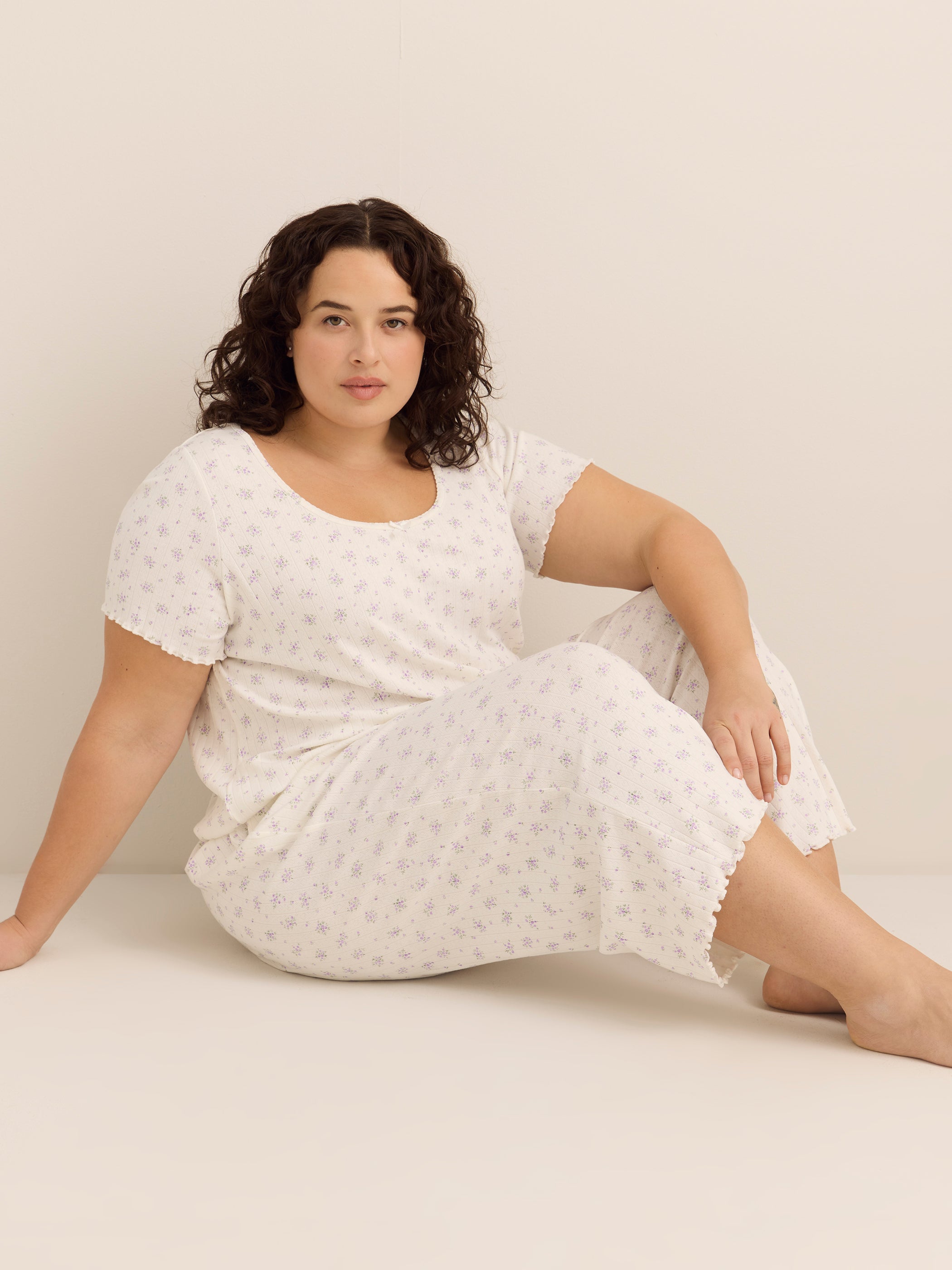 White Floral Pointelle Wide-Leg Capri Pyjama Pant - ti Voglio