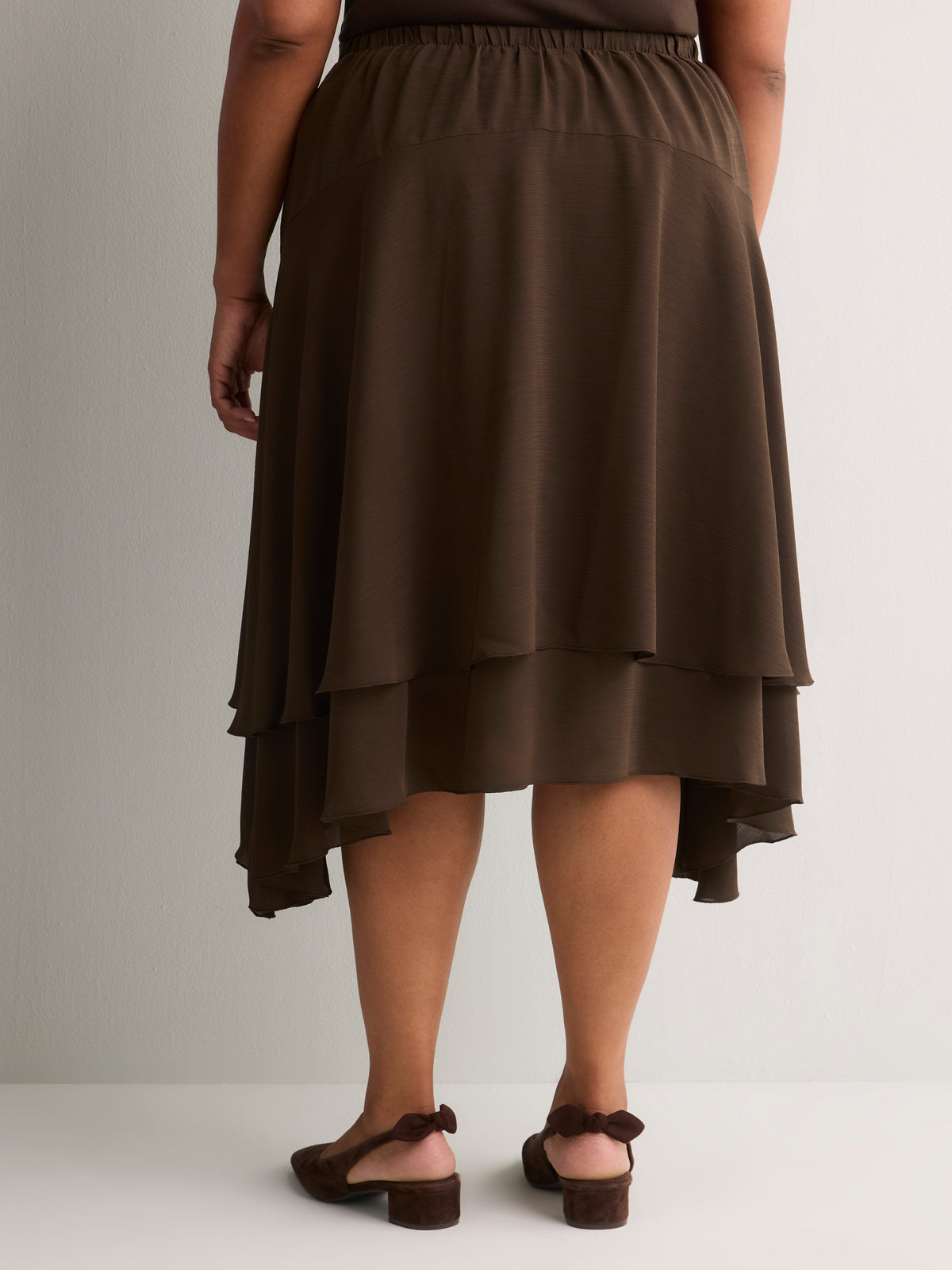 Romantic Brown Chiffon Pull-On Midi Skirt