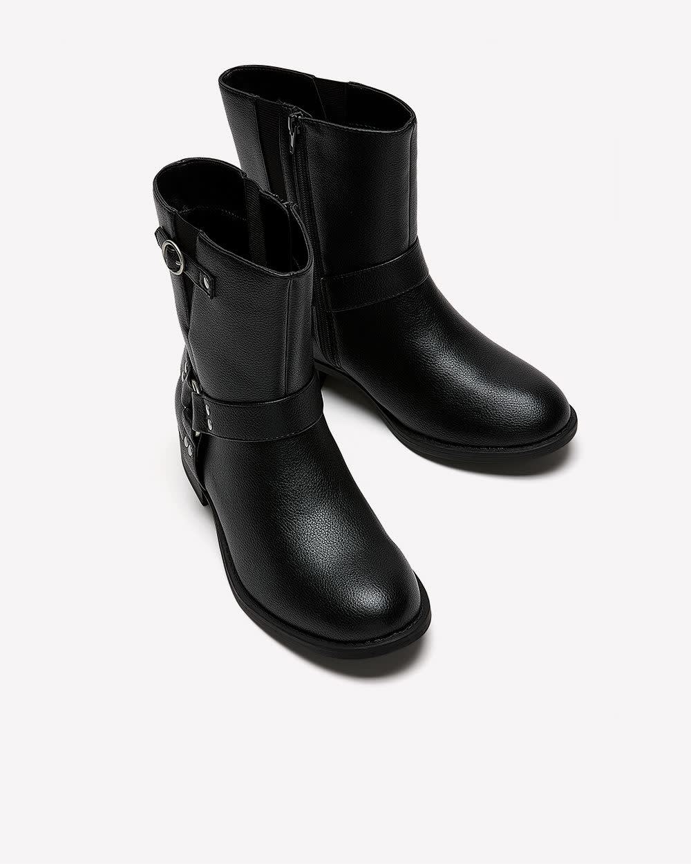 Bottillon de moto noir avec bride en Y, pied très large