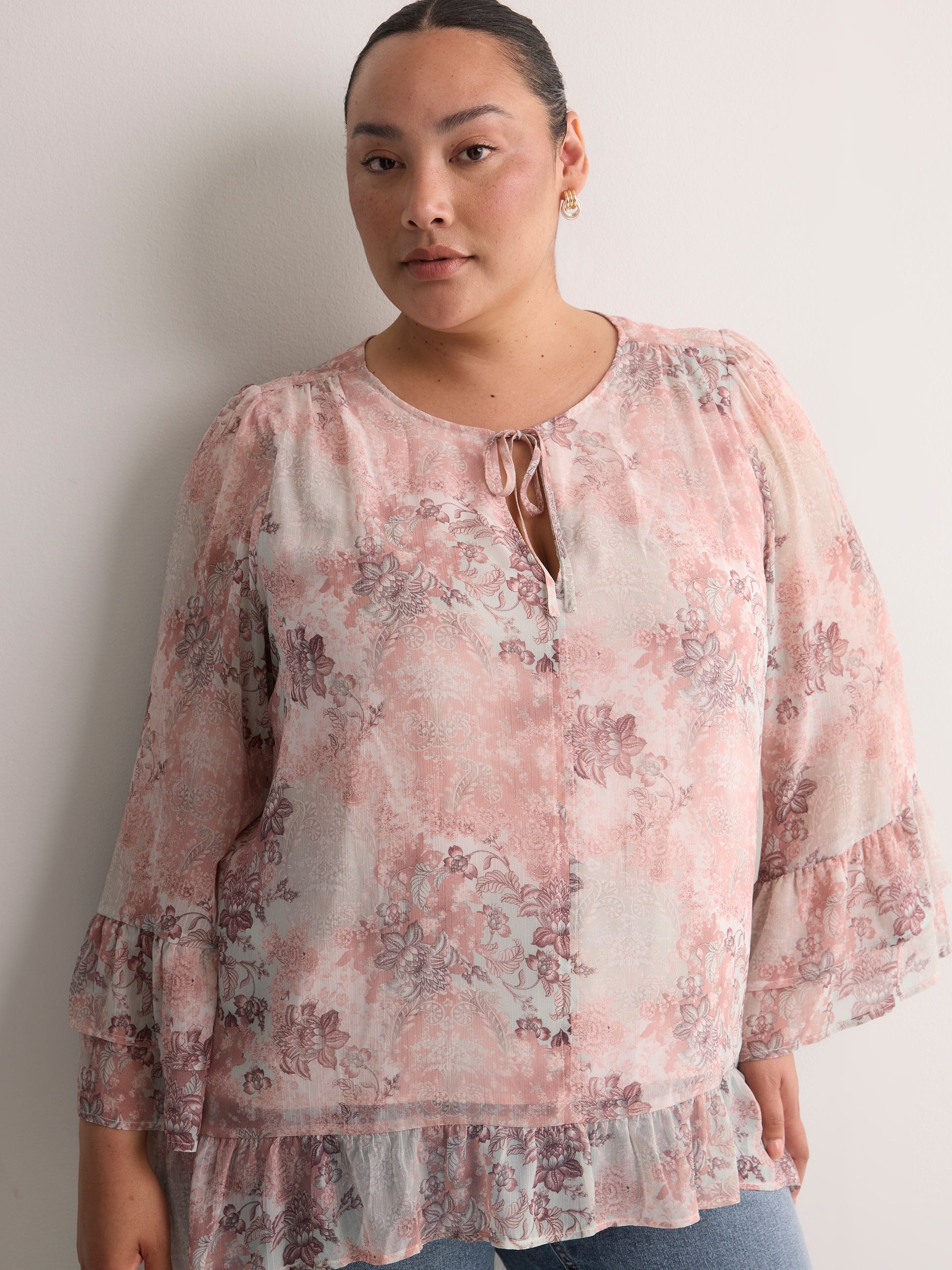 Split-Neck Long Flounce Sleeve Asymmetrical Blouse