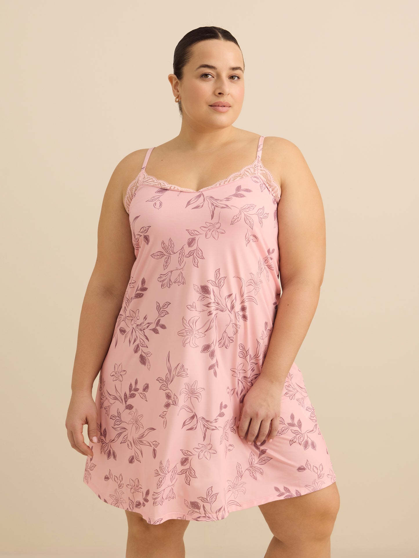 Floral Pink Sleeveless Satin Nightgown with Lace - Déesse Collection