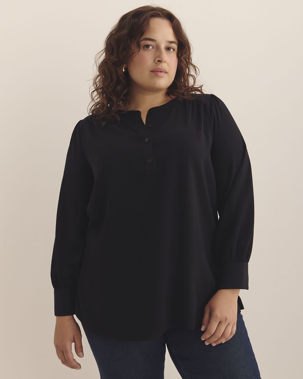 Long-Sleeve Tunic Blouse with Buttoned Crewneck