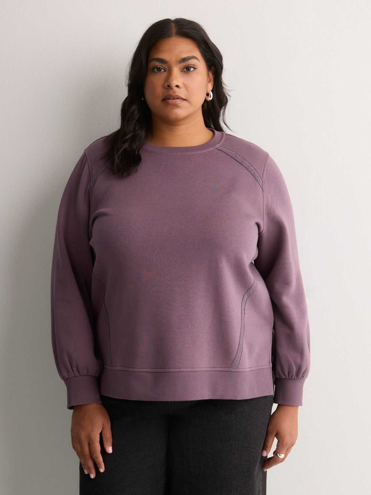 Loose Crew-Neck Fleece Sweatshirt with Long Balloon Sleeves