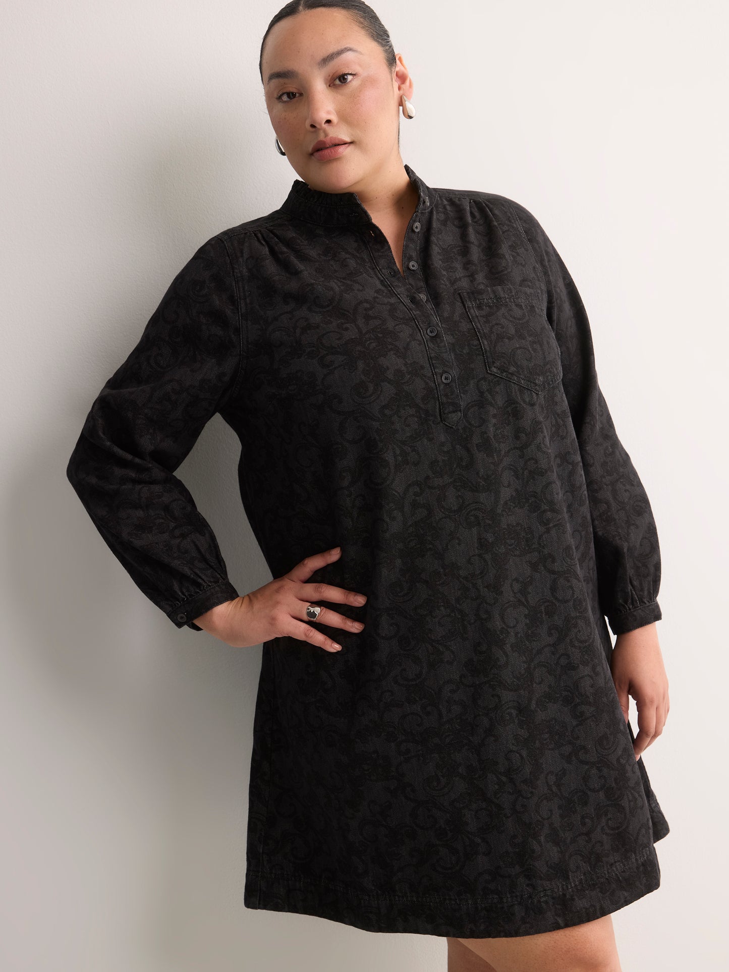 Black A-Line Long-Sleeve Denim Dress with Ruffled Collar