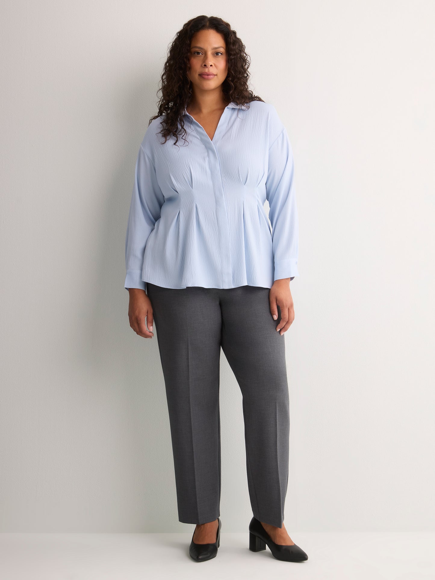 Soft Blue Textured Dropped-Shoulder Fit-and-Flare Shirt Blouse