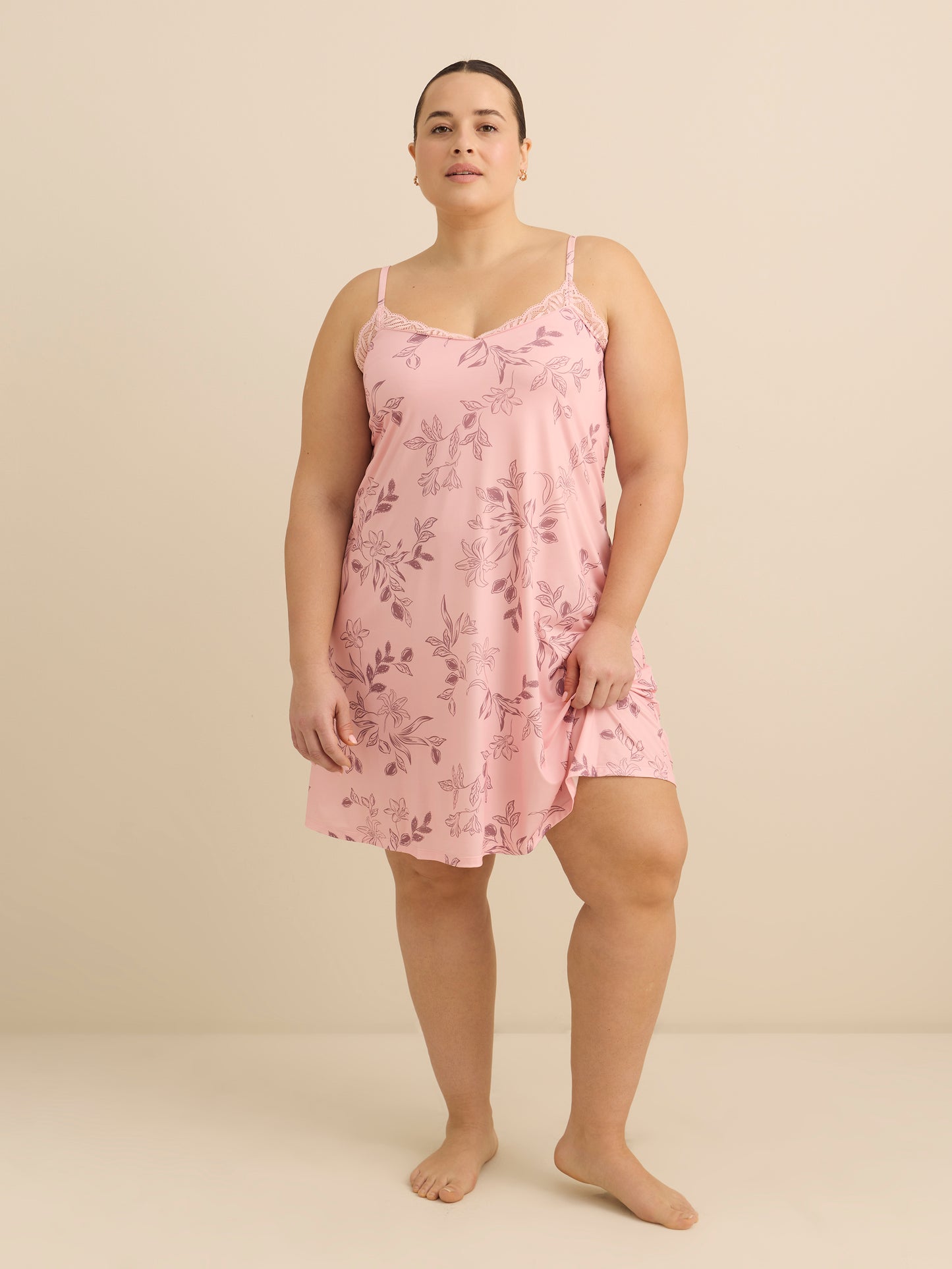 Floral Pink Sleeveless Satin Nightgown with Lace - Déesse Collection