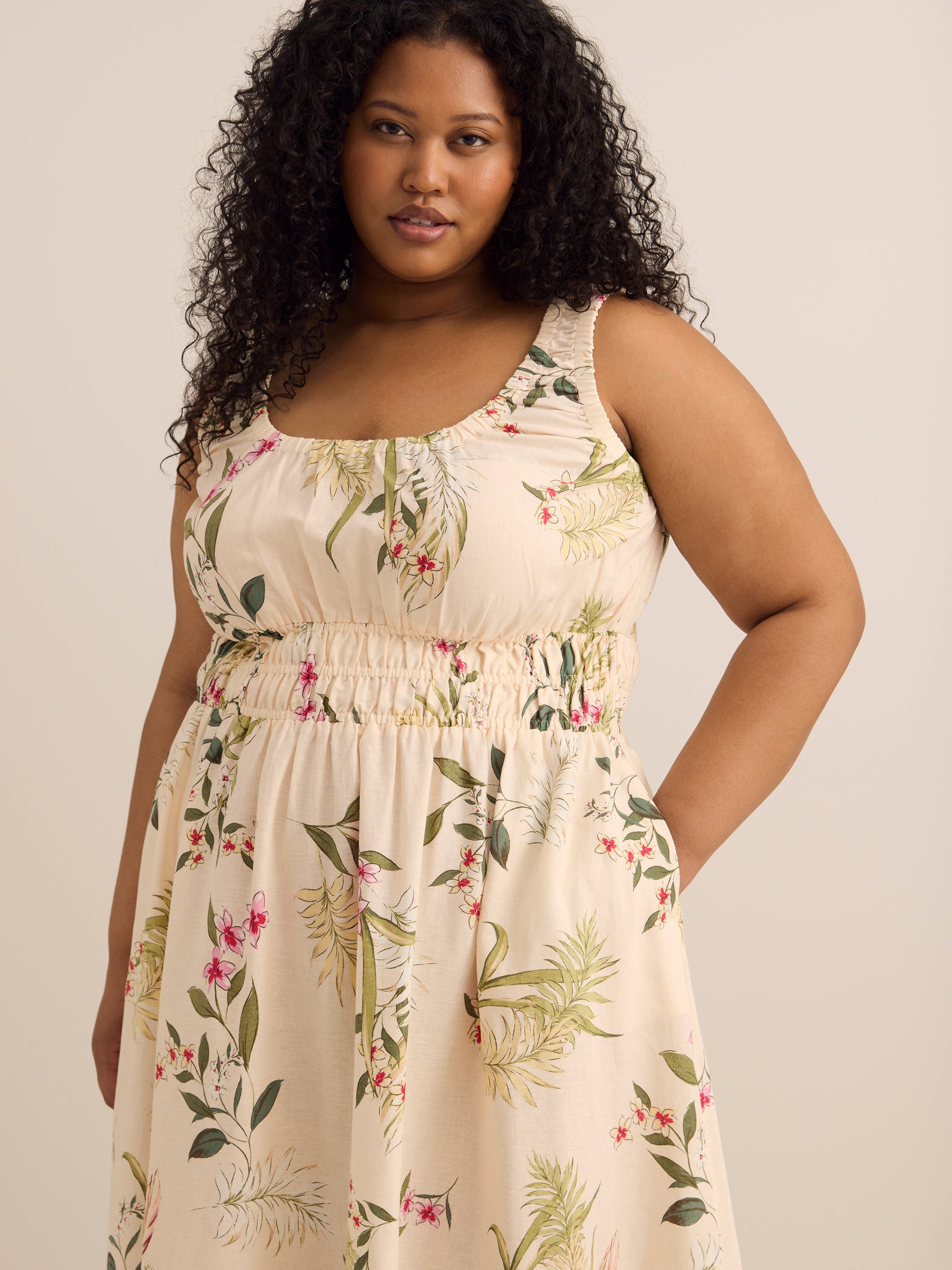 Tropical Linen-Blend Sleeveless Midi Dress with Elastic Waist