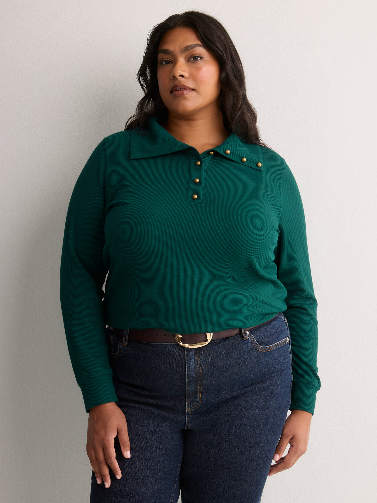 Loose Waffle Knit Tunic with Buttoned Collar