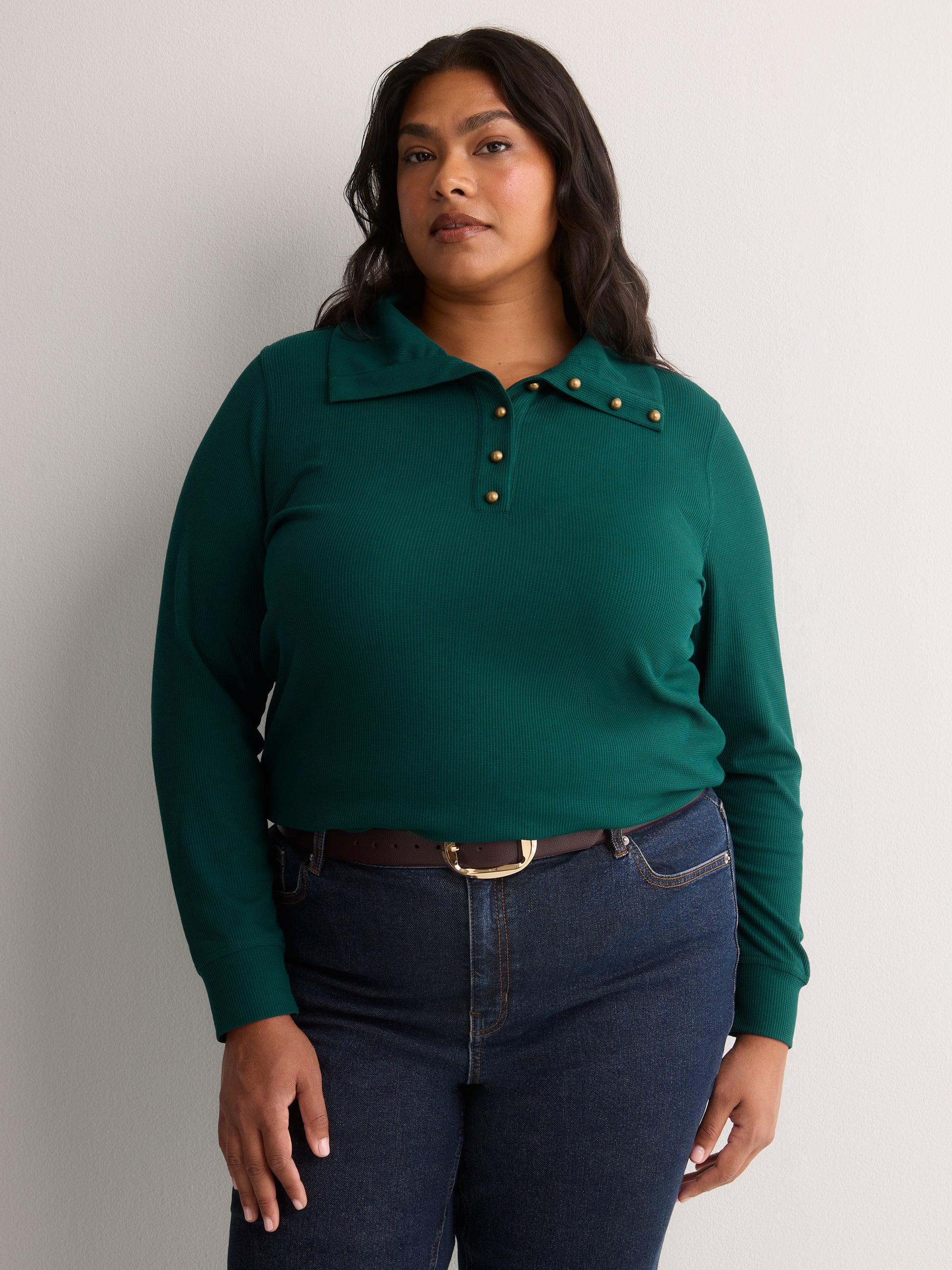 Loose Waffle Knit Tunic with Buttoned Collar