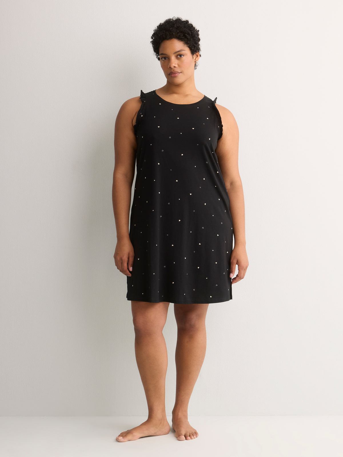 Black Micro-Heart Print Sleeveless Sleepshirt - tiVOGLIO