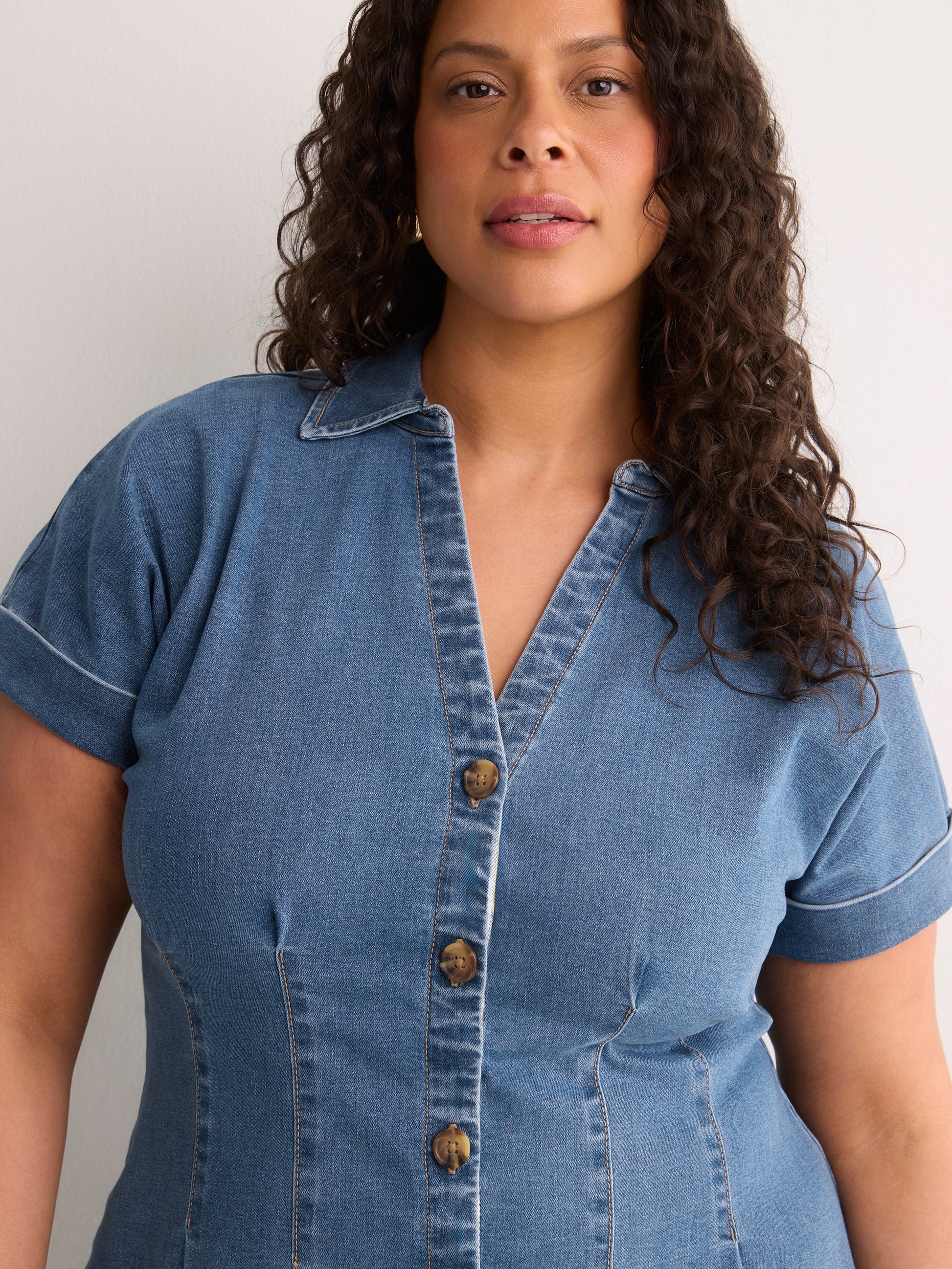 Denim Buttoned-Down Dolman Sleeve Shirt Dress
