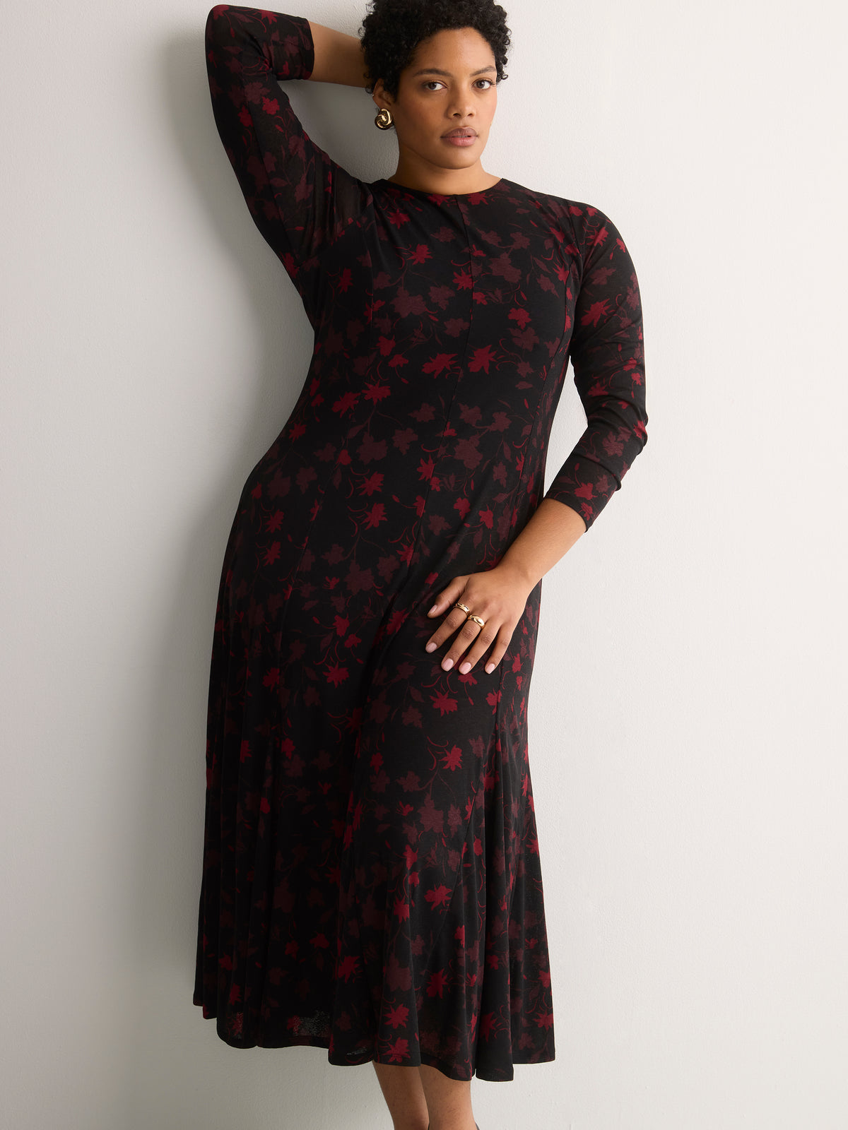 Black Floral Fit-and-Flare Shirred Maxi Dress