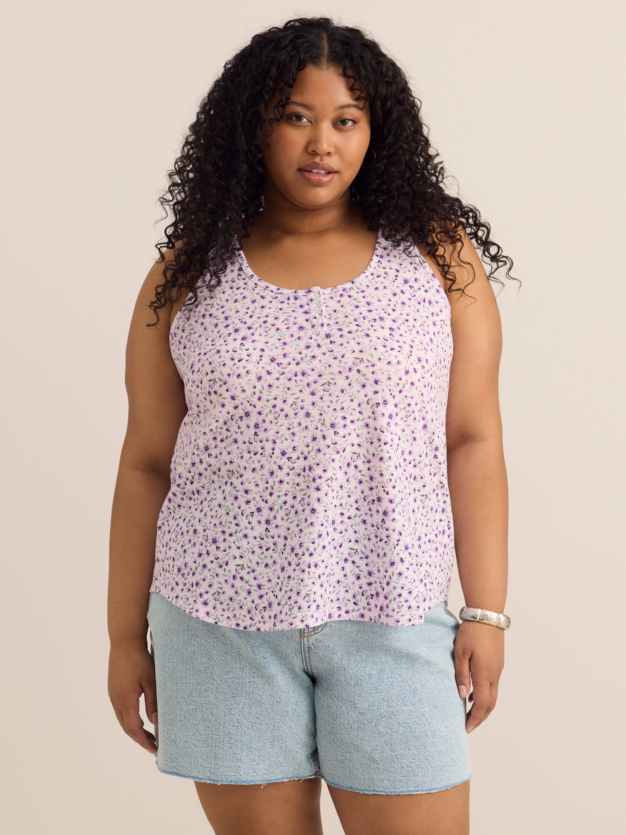 Straight Floral-Print Henley Tank Top