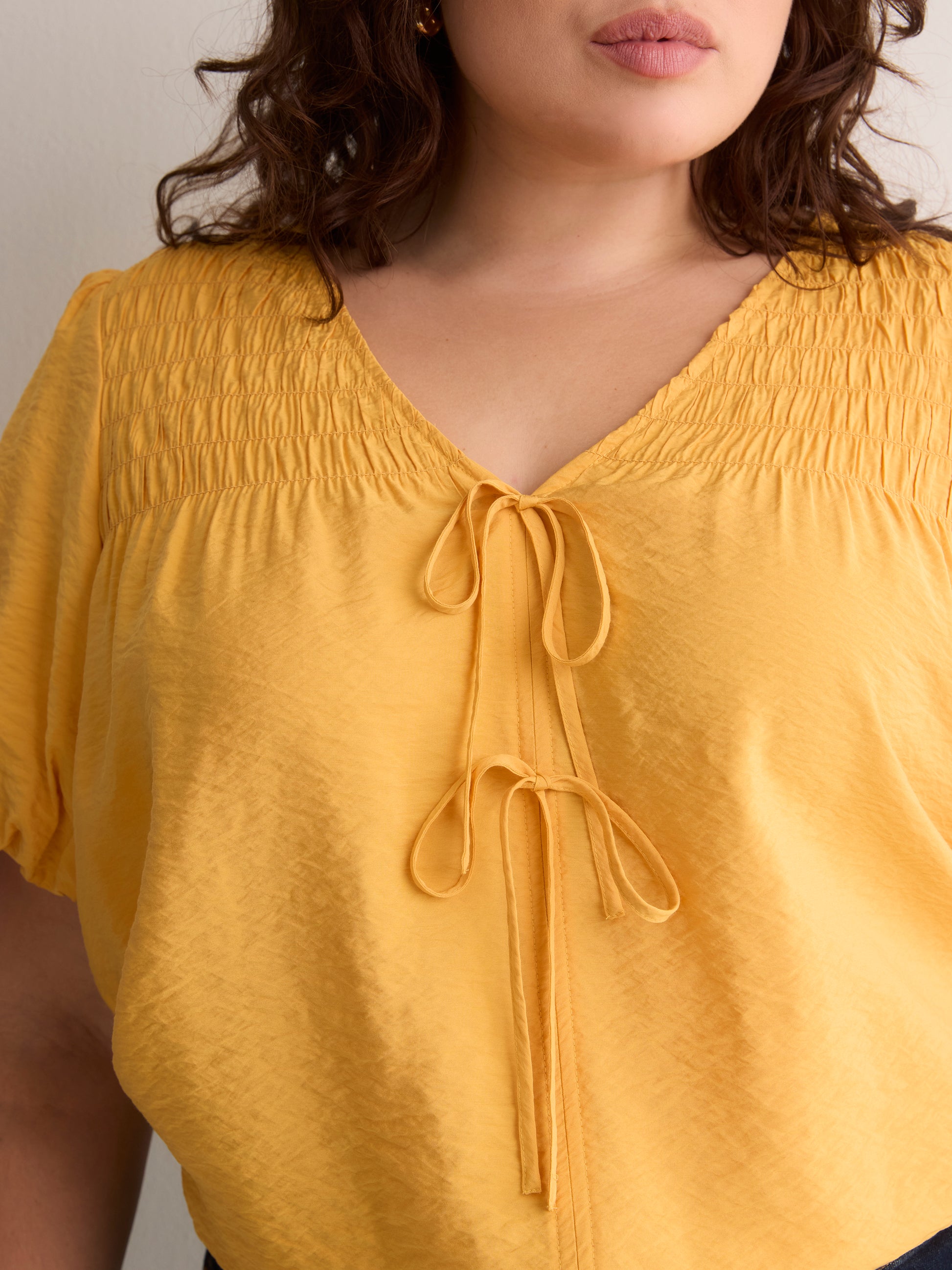V-Neck Bubble-Sleeve Blouse with Smocked Yoke