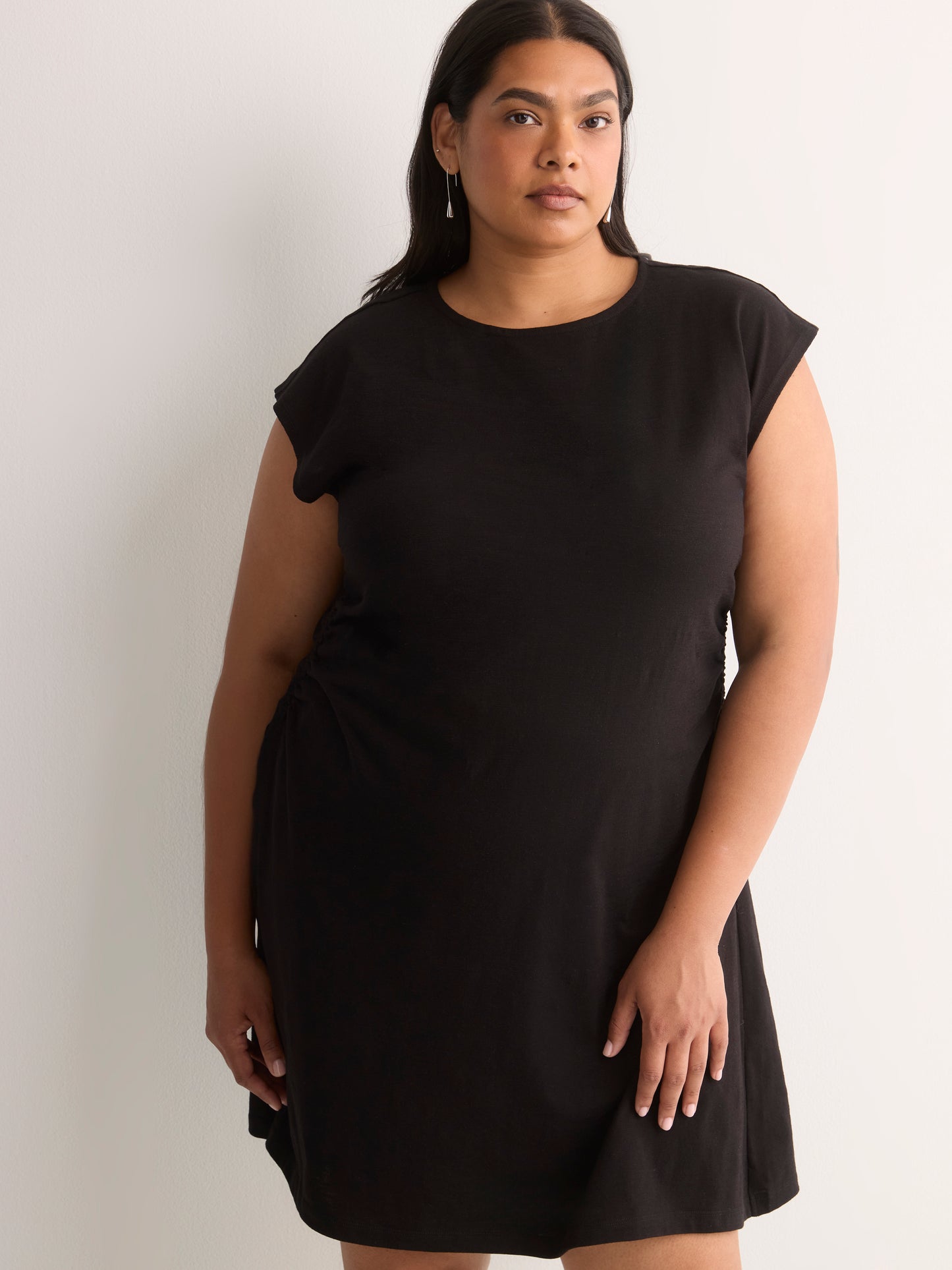 Crew-Neck Extended-Sleeve Knit Dress with Side Shirring