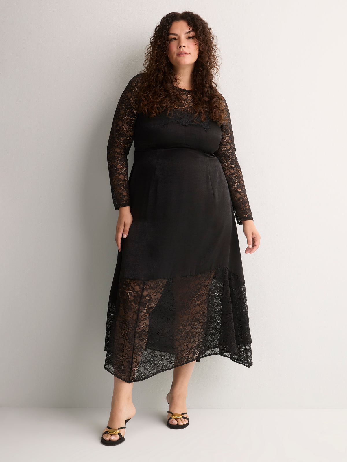 Black Crew-Neck Satin and Lace Maxi Dress - Addition Elle