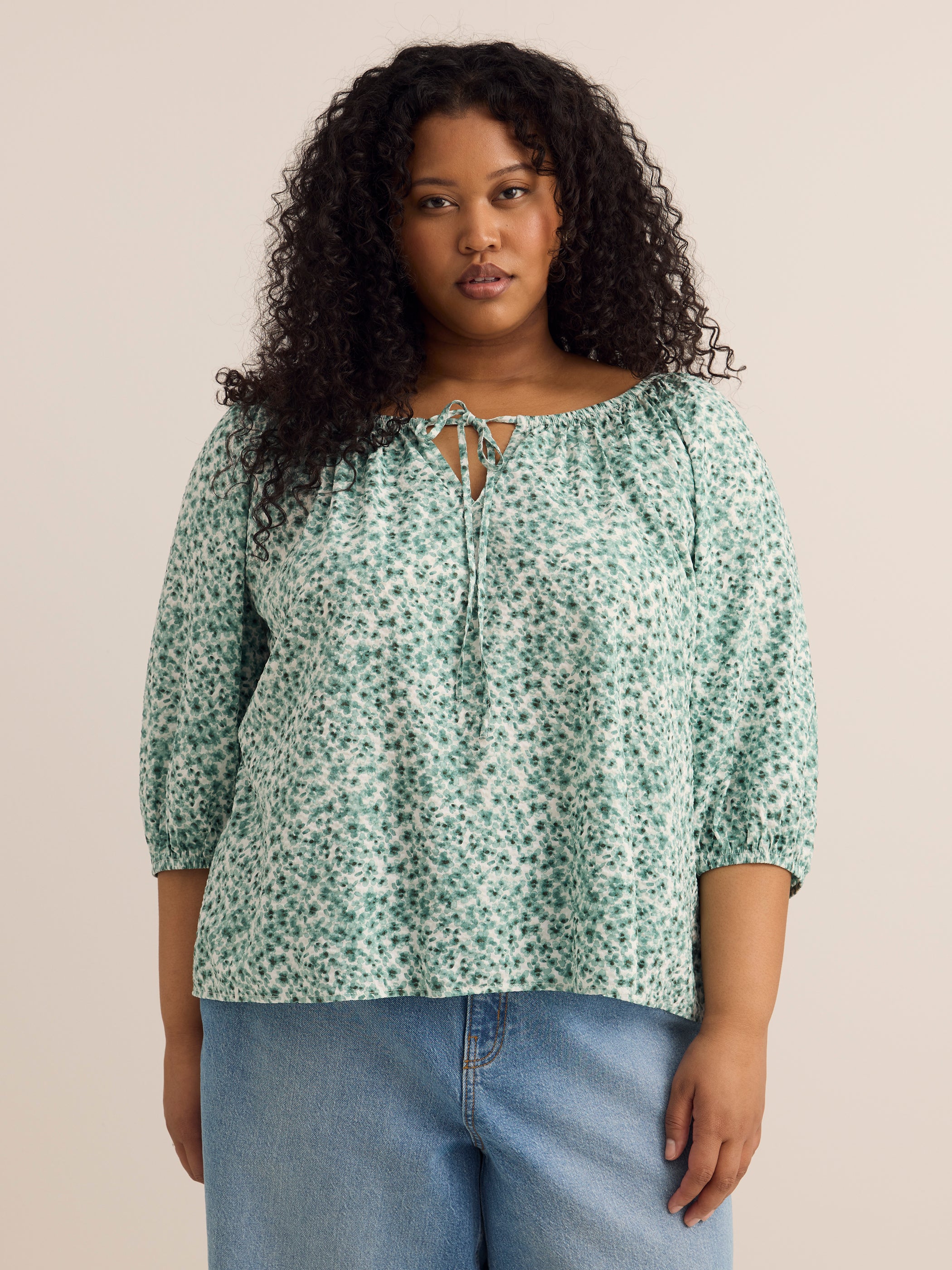Brand plus size scoop neck slight A-line blouse with shirring