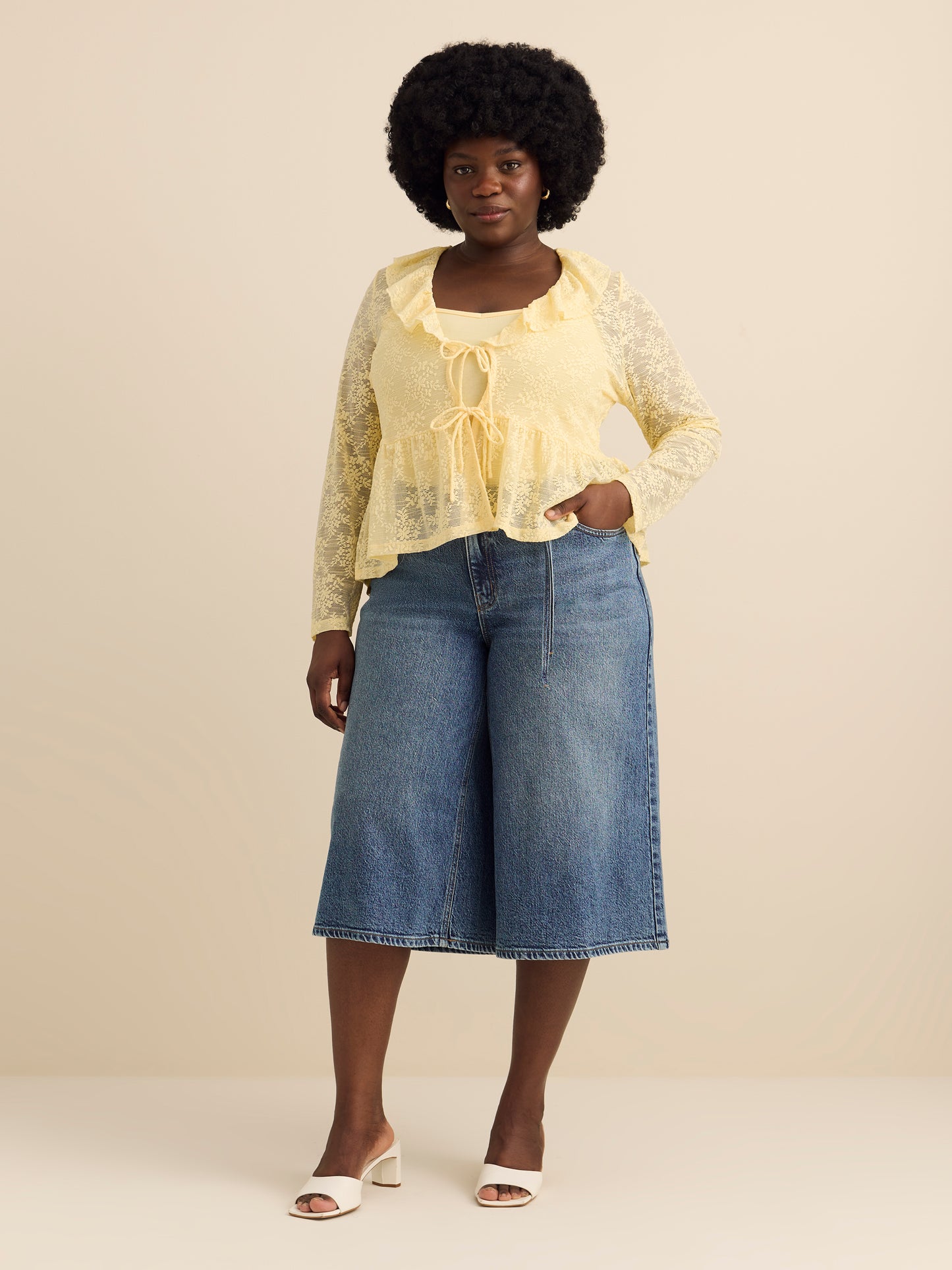 V-Neck Fit and Flare Lace Top with Ruffles