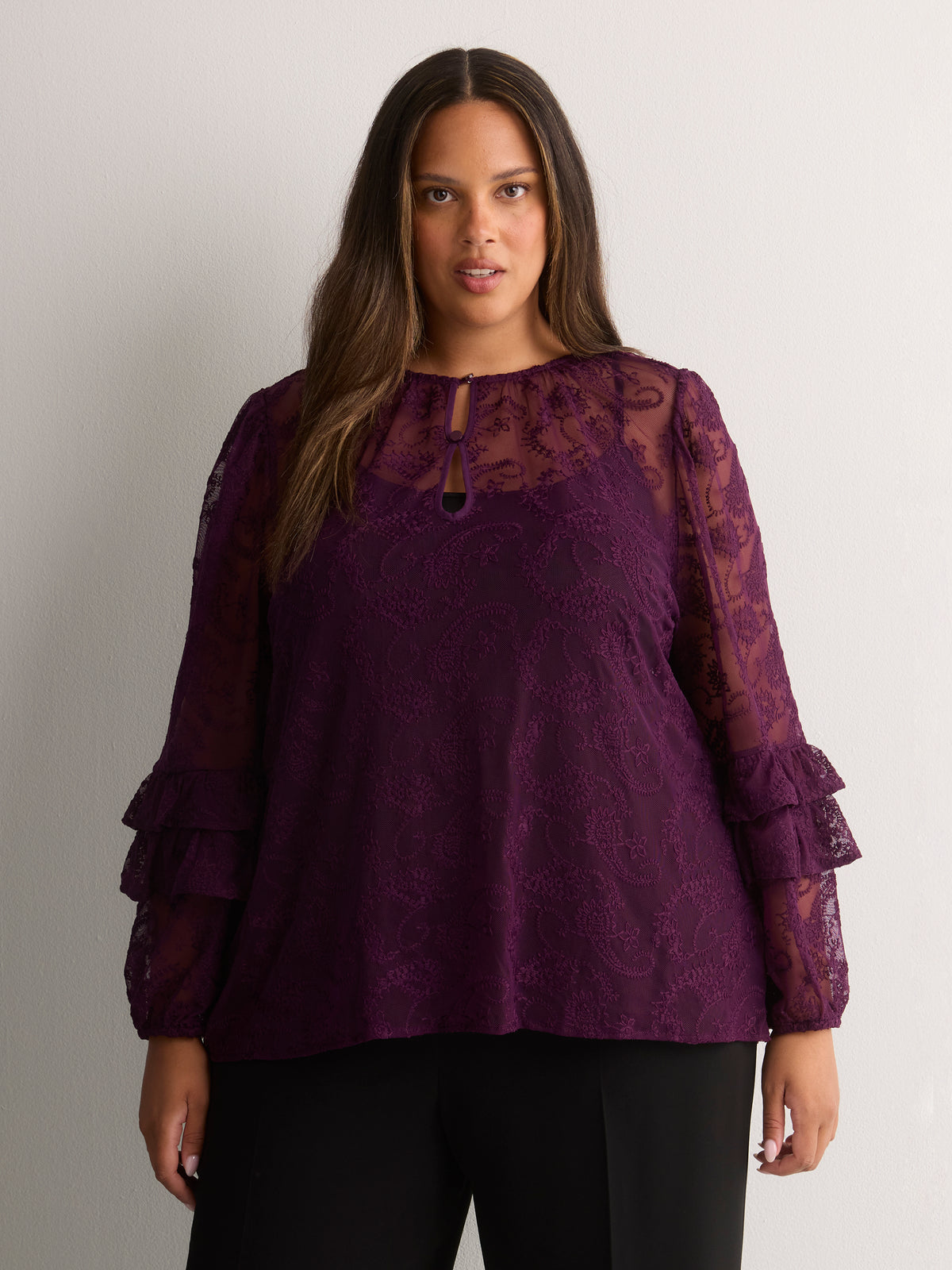 A-Line Mesh Blouse with Front Keyholes