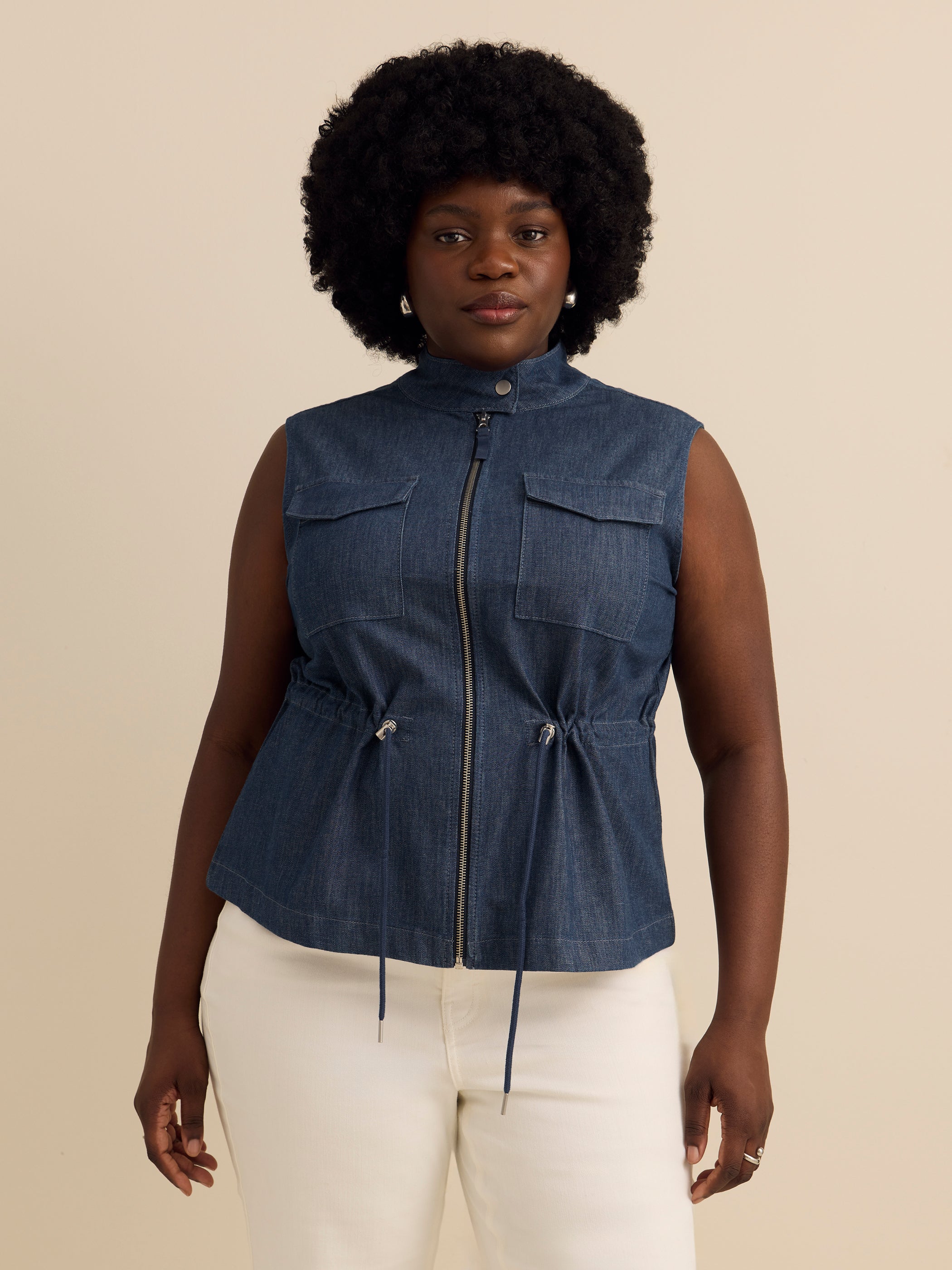 d/C JEANS Plus Size Safari Denim Vest Sleeveless Adjustable Waist
